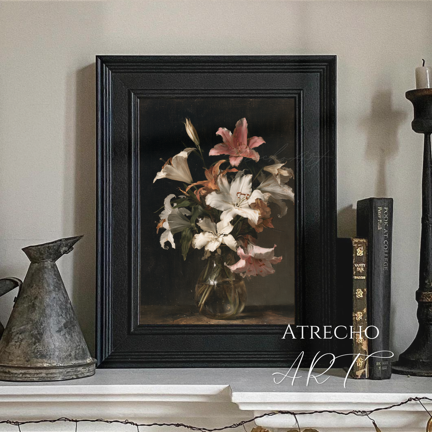 Moody floral lily print styled above a dresser with candles and books in a warm dining room by Atrecho Art