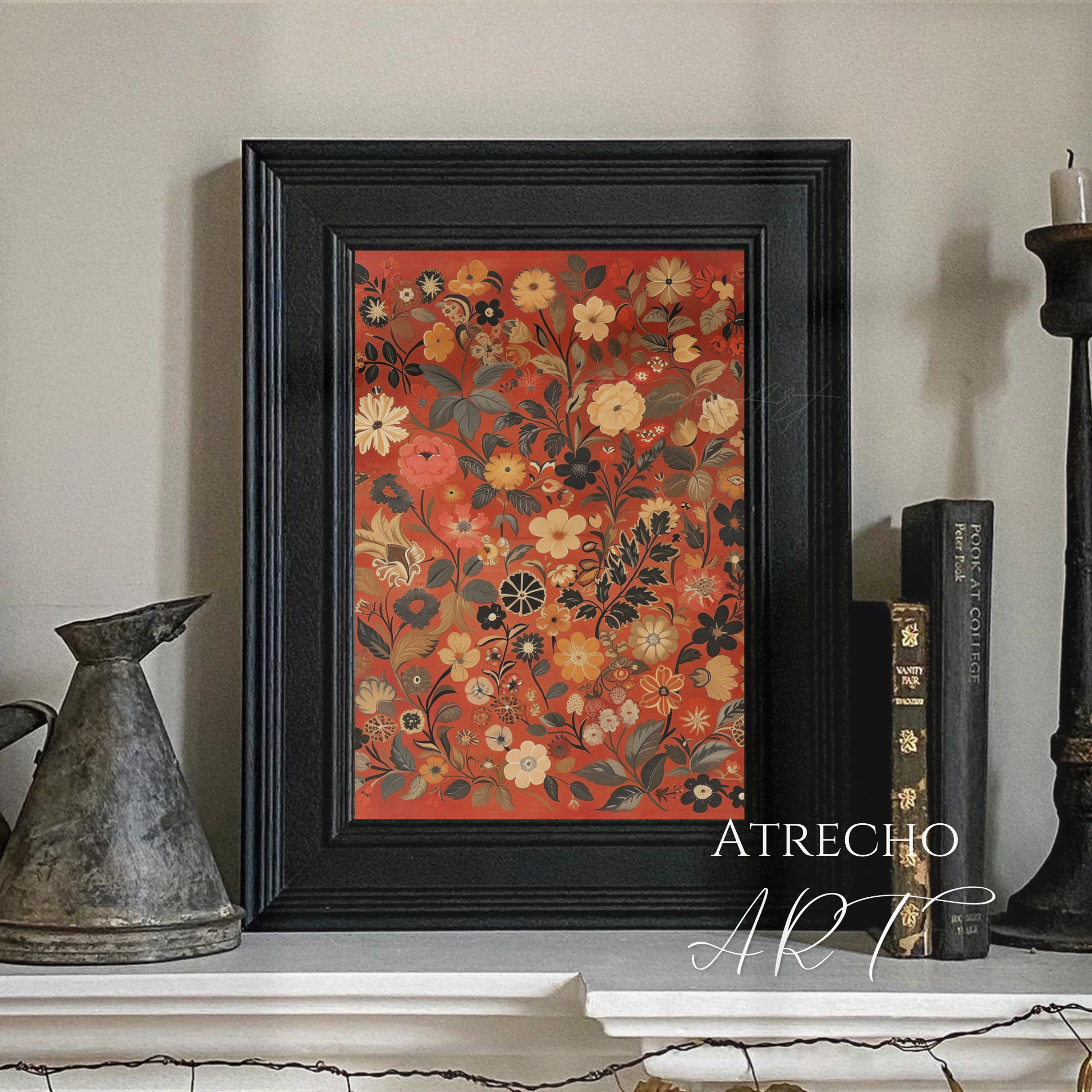 Autumn floral textile print in a styled room vignette with warm decor, folk blooms on brick-red, by Atrecho Art