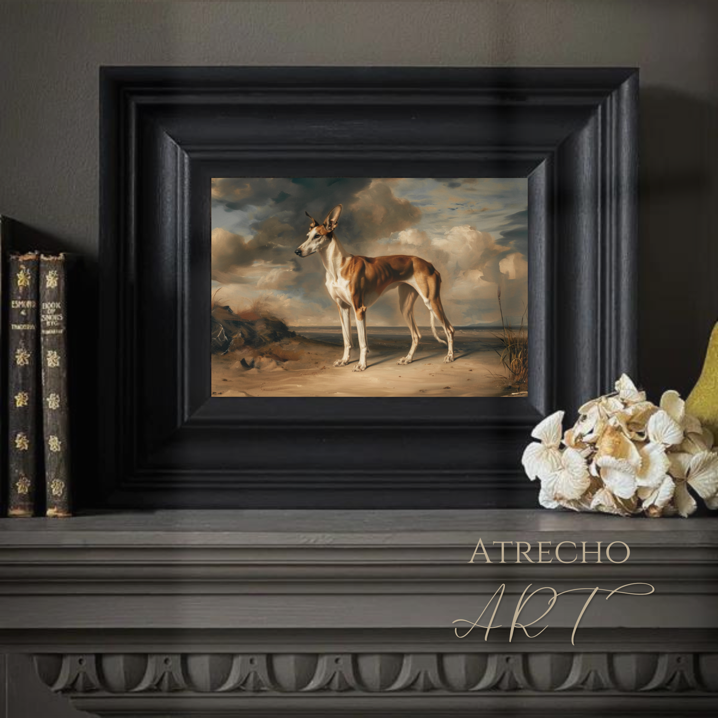 Ibizan Hound art print in black frame on mantel — vintage styled vignette with antique books and candle, AN80 by Atrecho Art