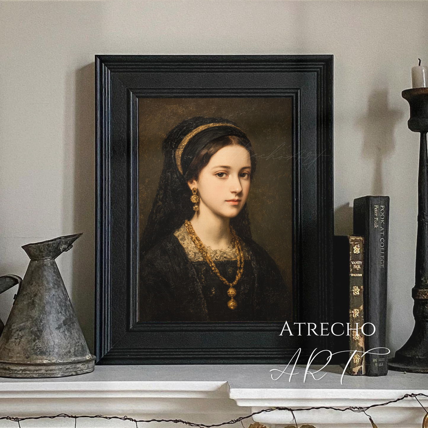 Classical lady with black headband and gold ornaments wearing dark Renaissance-style clothing, displayed in ornate gold frame against cream linen background—Old World portrait art print by Atrecho Art
