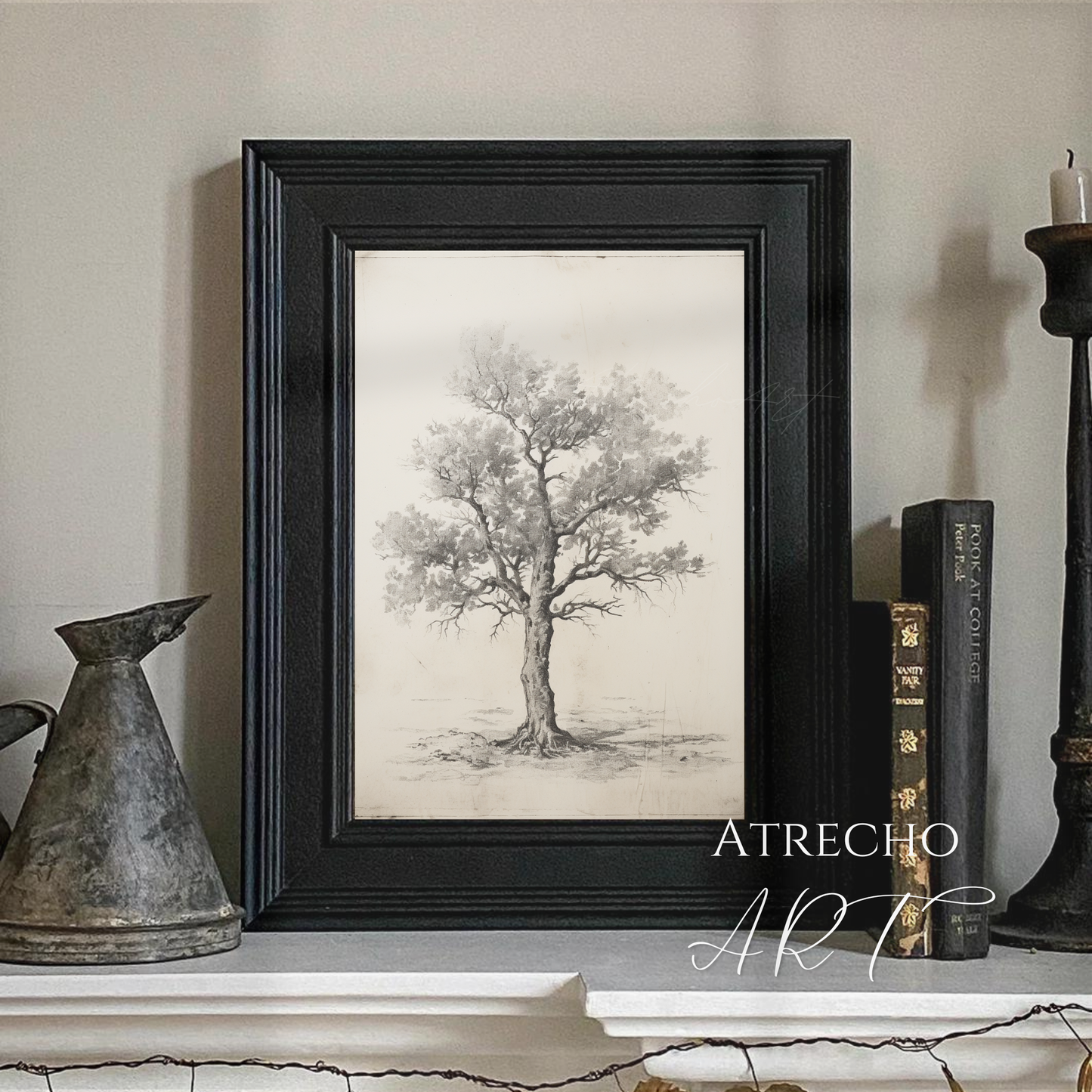 Sweet chestnut print in a styled reading nook with books and warm neutral decor, serene botanical wall art by Atrecho Art