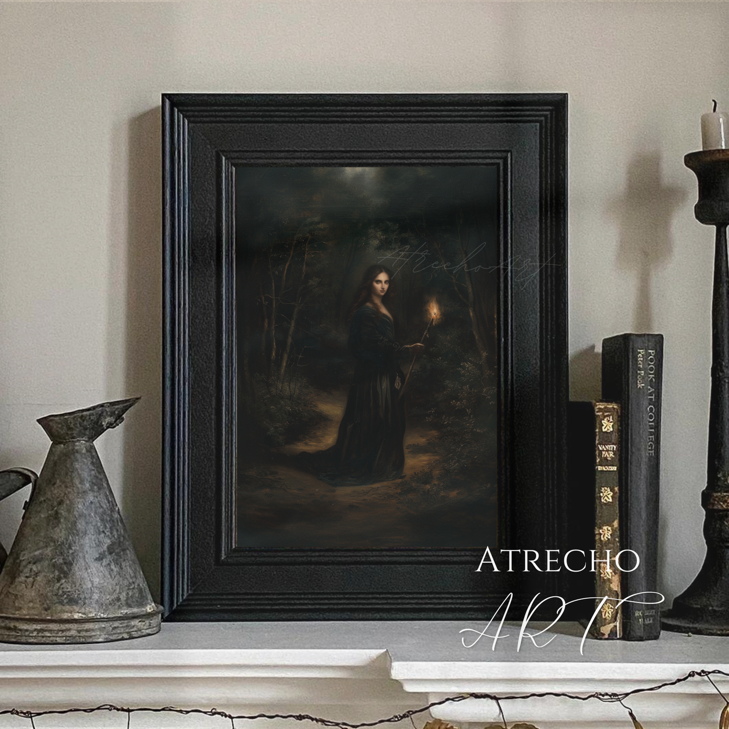 Moonlit witch art print styled on a neutral with candles and old books by Atrecho Art