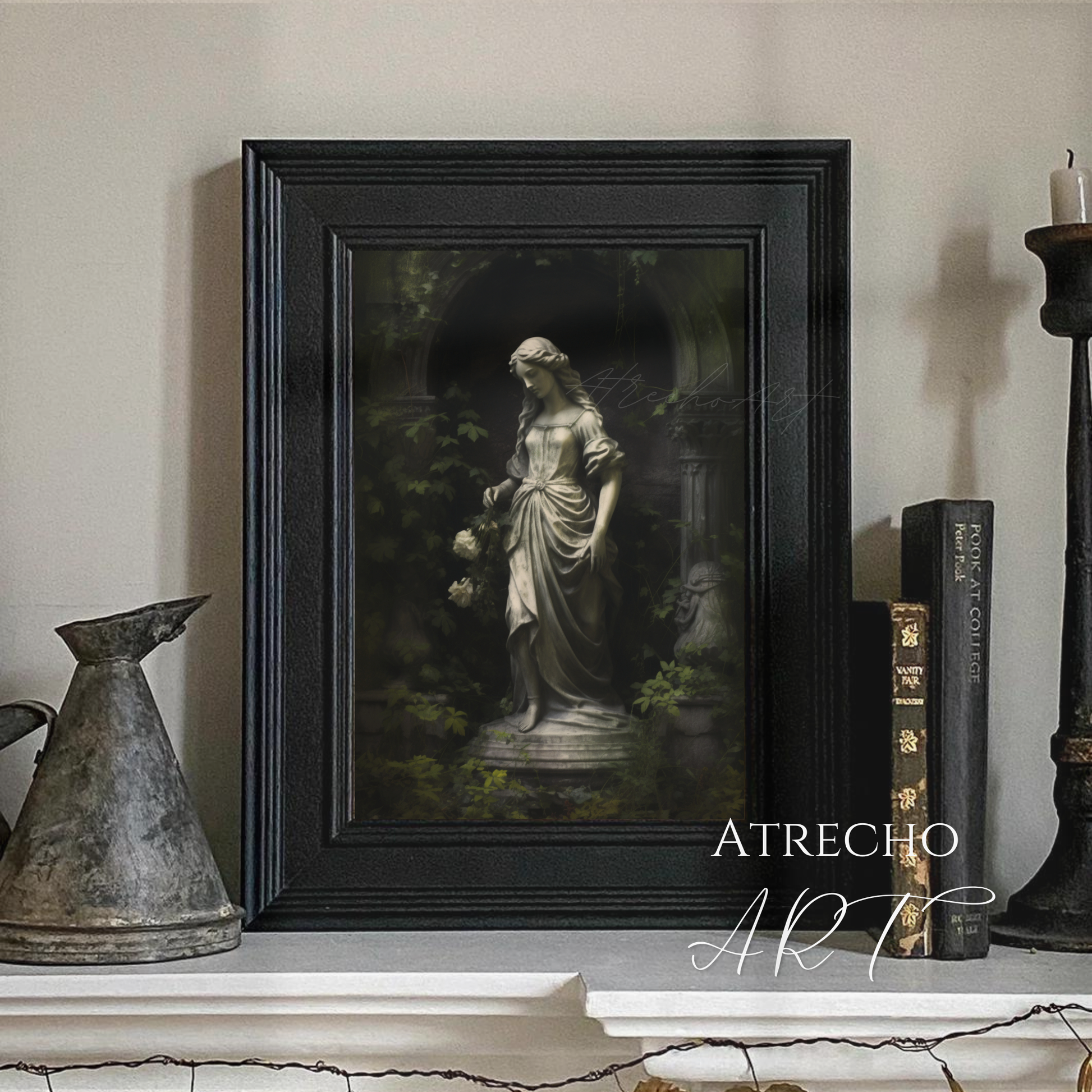 Moody garden statue print hanging in a styled neutral reading nook with warm lamplight, by Atrecho Art
