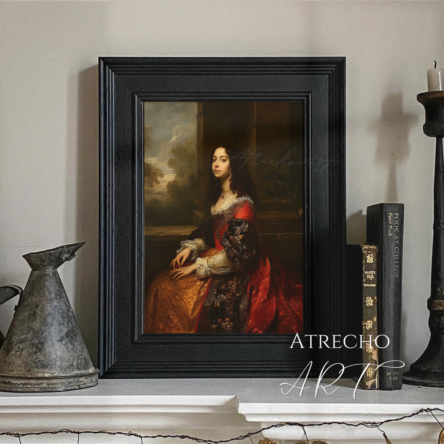 Old Master portrait print on a library wall with leather books and candles — Spanish queen art, moody dark academia room decor