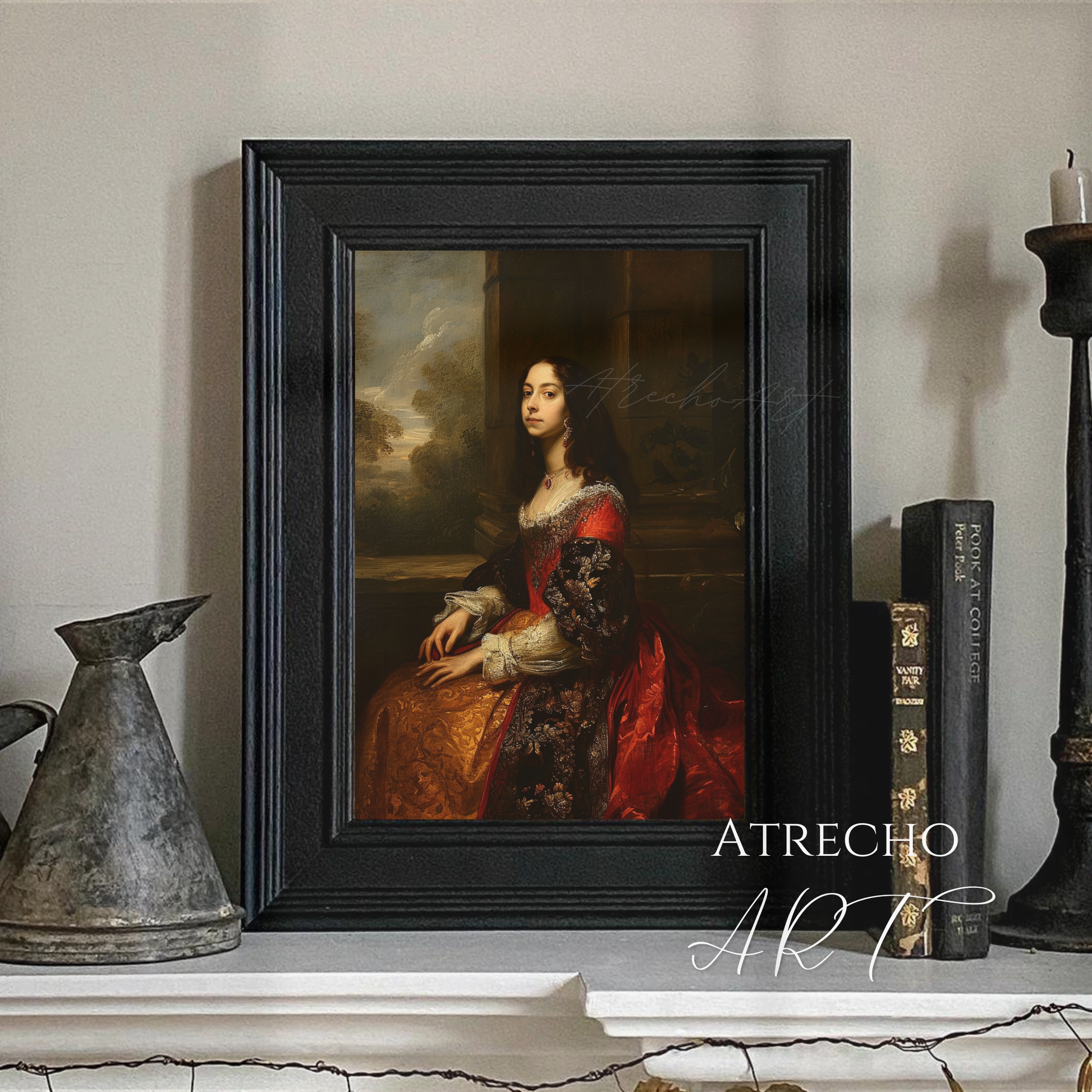 Old Master portrait print on a library wall with leather books and candles — Spanish queen art, moody dark academia room decor