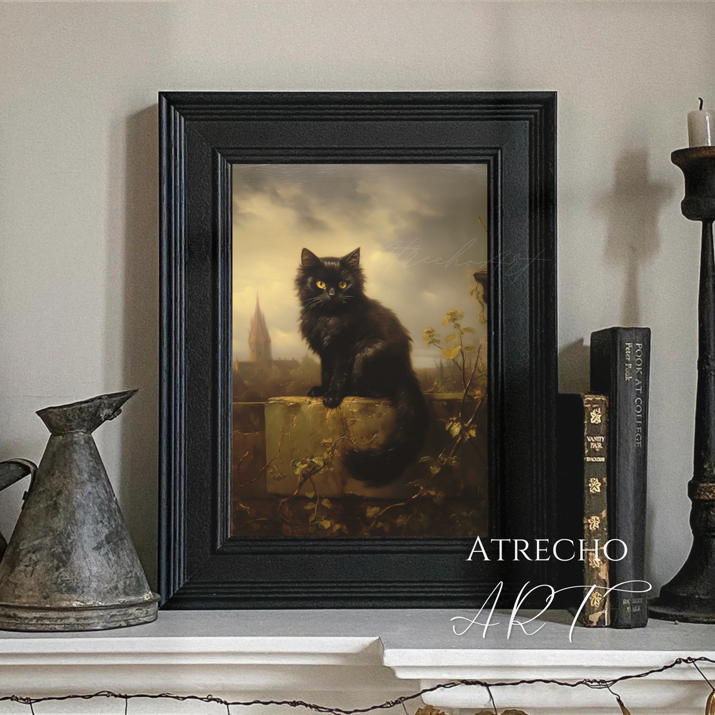 Gothic black cat art print with striking golden eyes perched on weathered stone overlooking misty European cathedral landscape in dark romantic style