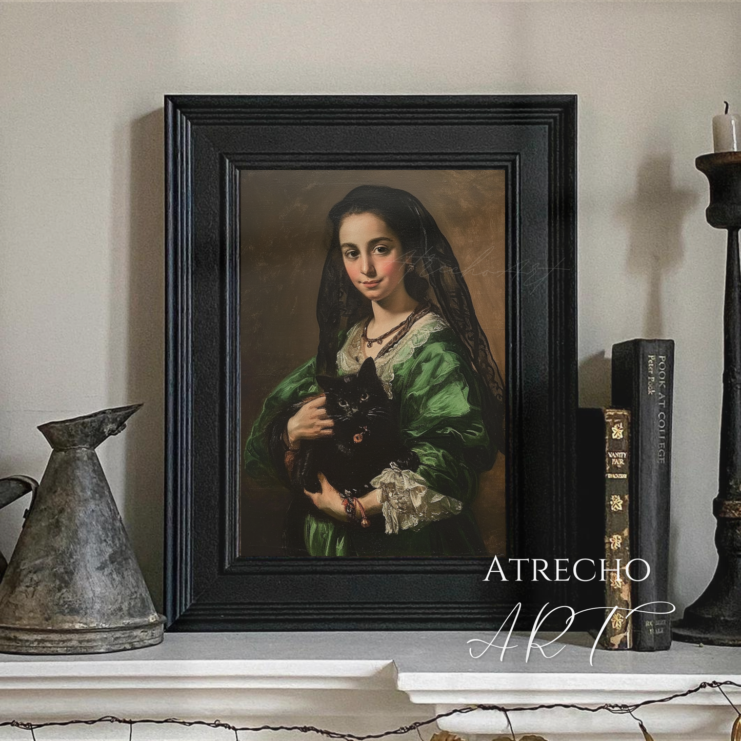 Vintage cat portrait of woman in emerald green dress holding black cat wearing black lace veil classical European portraiture art print