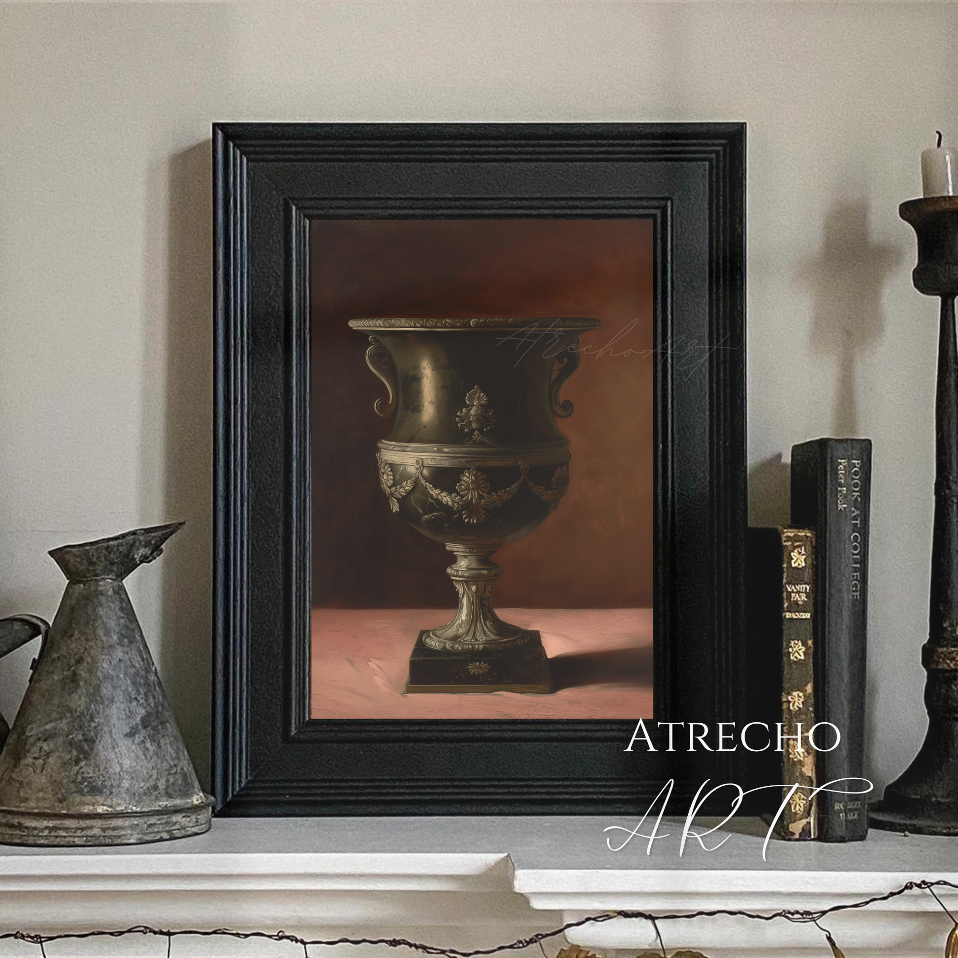 The urn print styled in a formal dining room with candles and warm oxblood walls, moody Old World decor by Atrecho Art