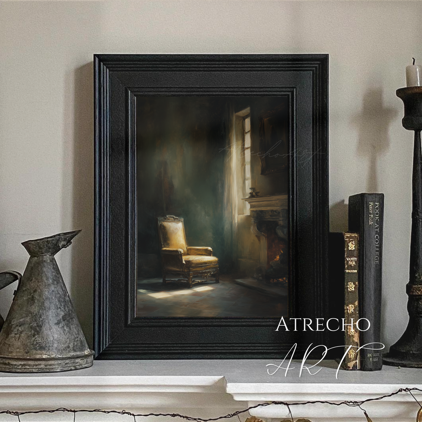 Vintage interior scene with golden upholstered chair by window in dramatic lighting for dark academia cottagecore decor