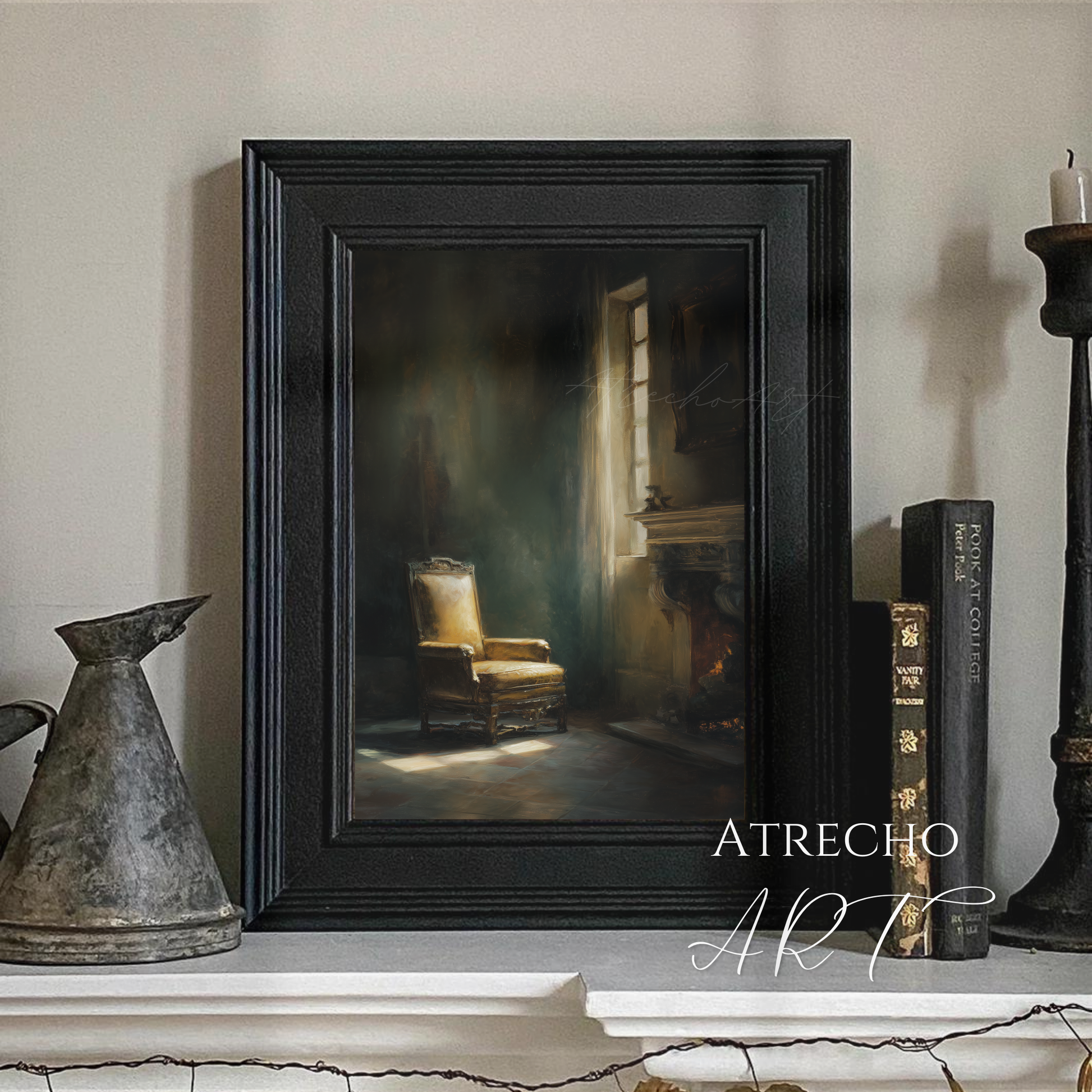 Vintage interior scene with golden upholstered chair by window in dramatic lighting for dark academia cottagecore decor