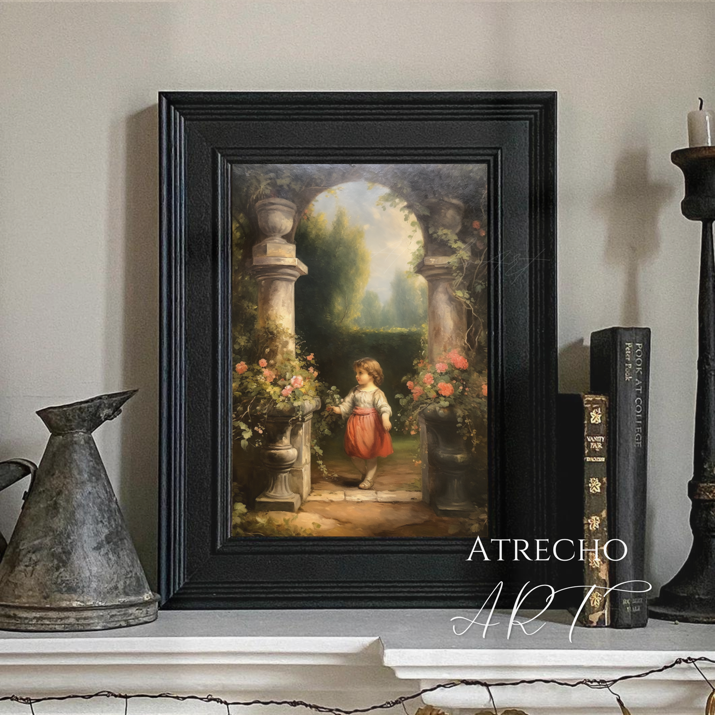Child in a garden print styled in a warm nursery vignette with soft daylight and books by Atrecho Art