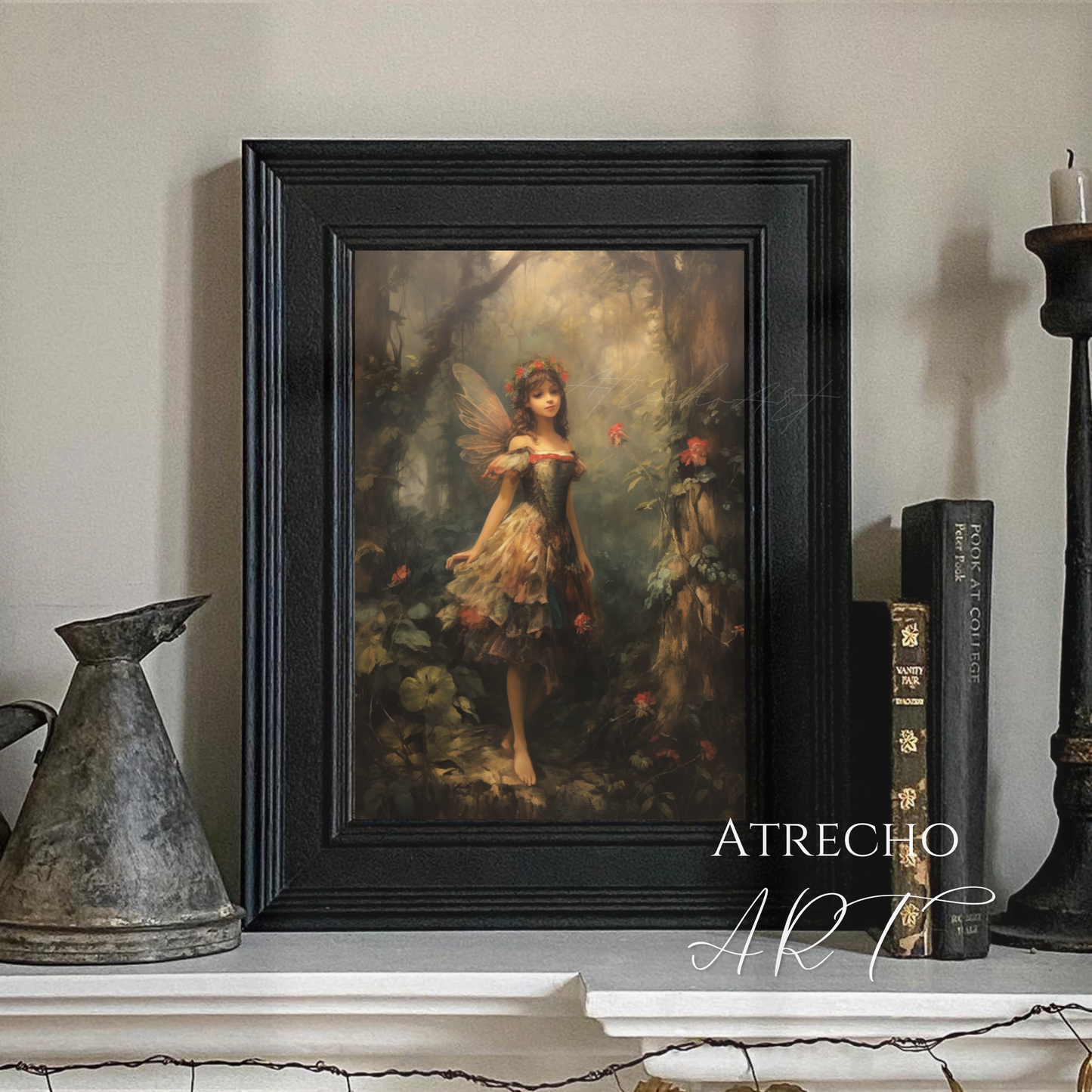 Forest fairy print in a styled room with books and candles — storybook fantasy wall art in warm tones, by Atrecho Art