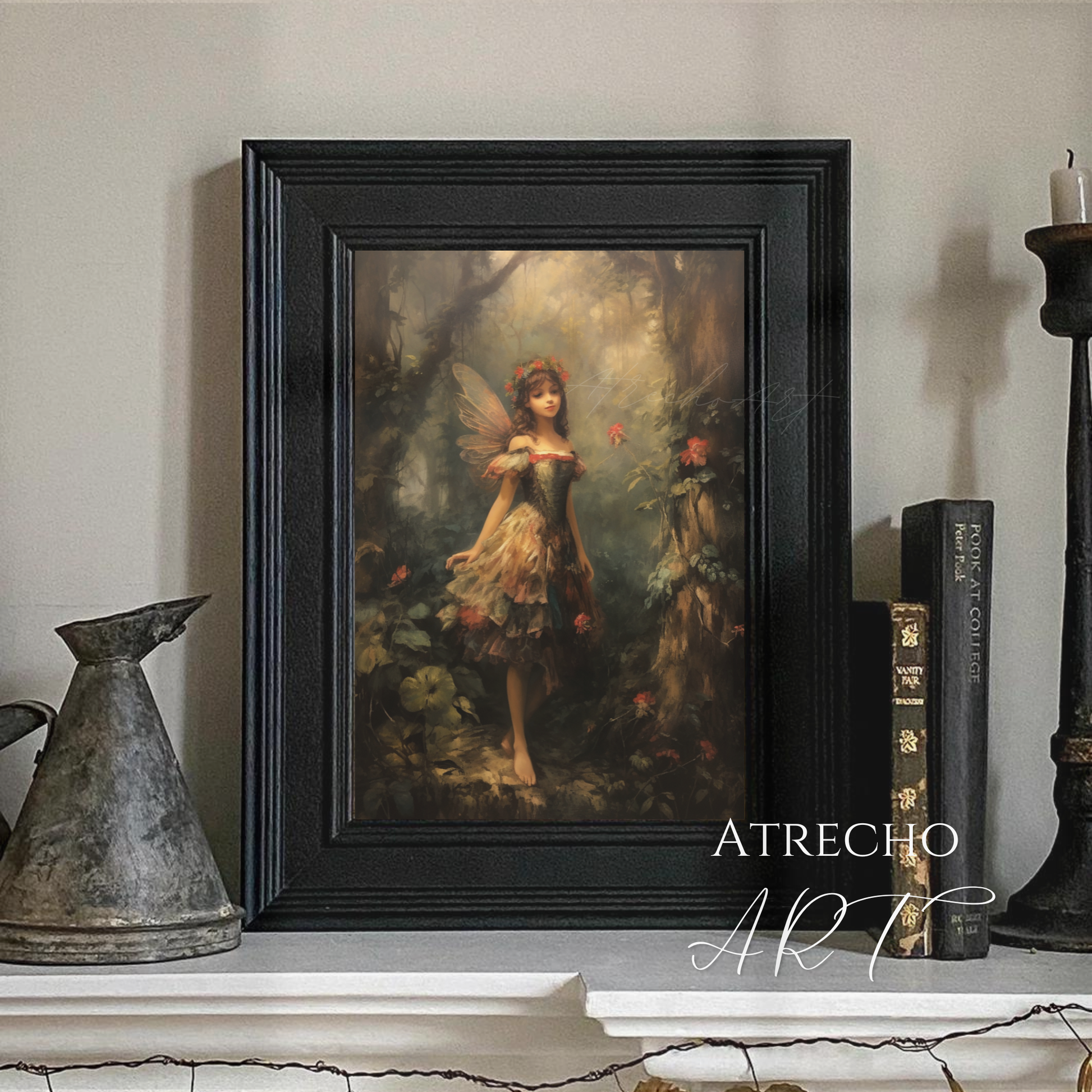 Forest fairy print in a styled room with books and candles — storybook fantasy wall art in warm tones, by Atrecho Art