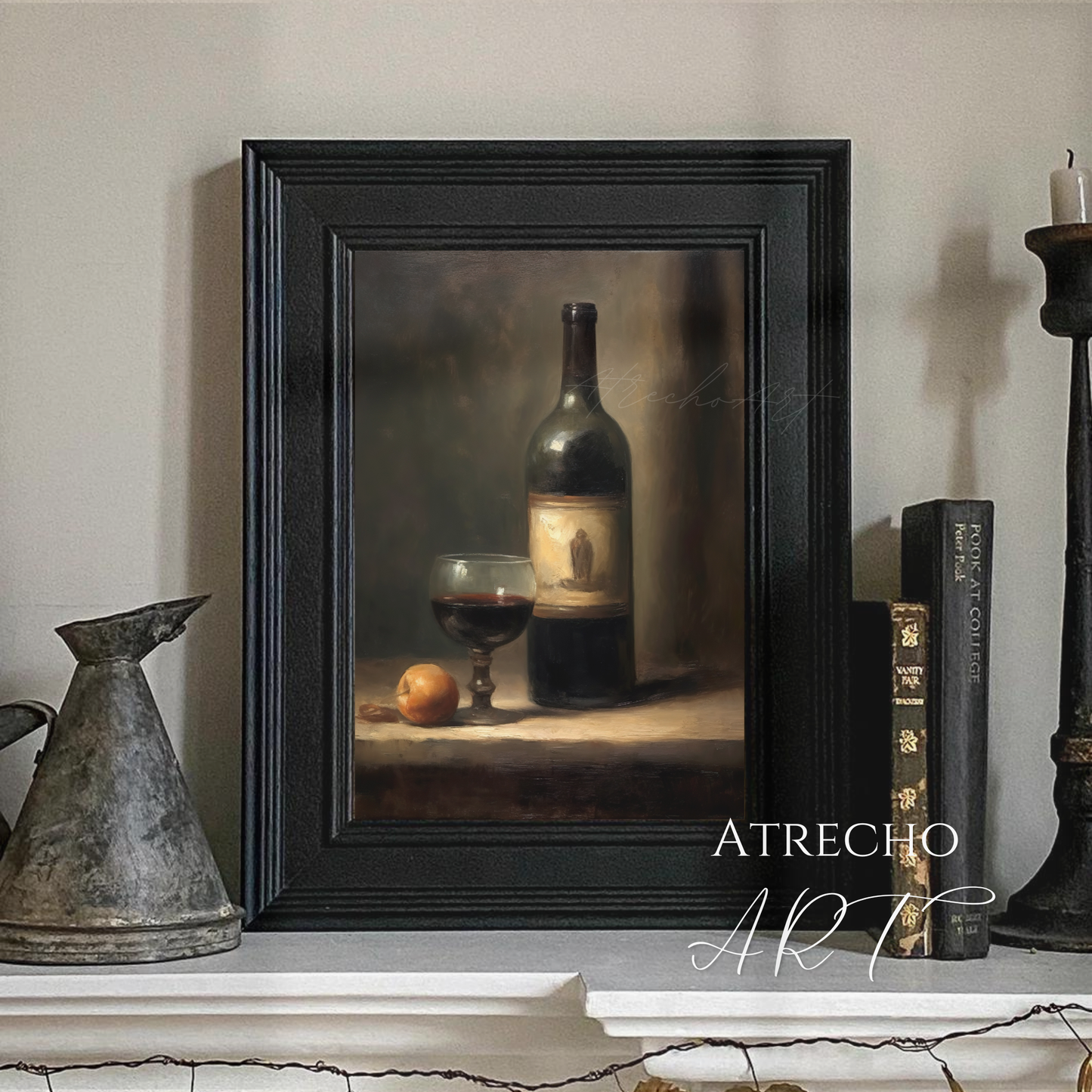 Framed wine still life styled above a sideboard with books and candles, candlelit bodegón mood by Atrecho Art