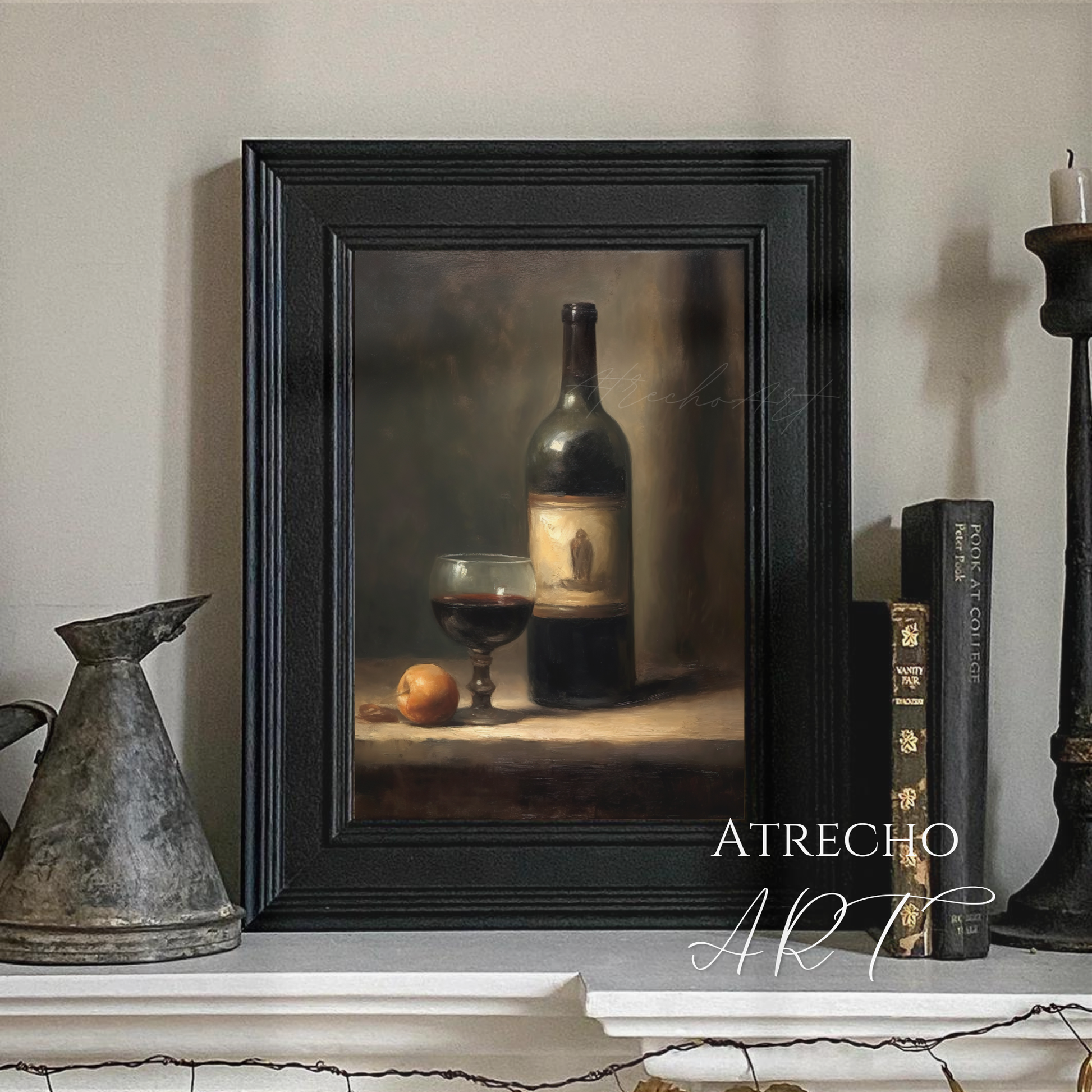 Framed wine still life styled above a sideboard with books and candles, candlelit bodegón mood by Atrecho Art