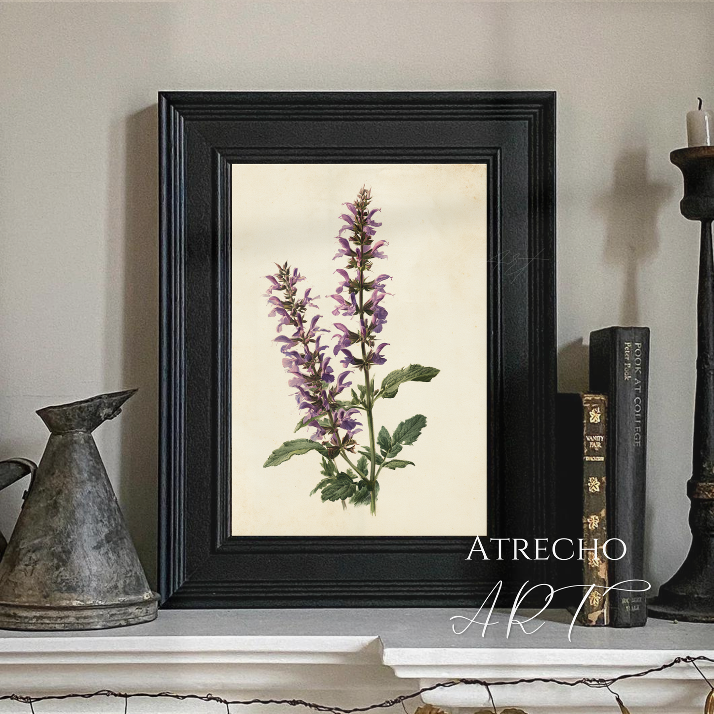 Framed Spanish sage botanical print styled in a cottage room on a neutral wall with books and candles, by Atrecho Art