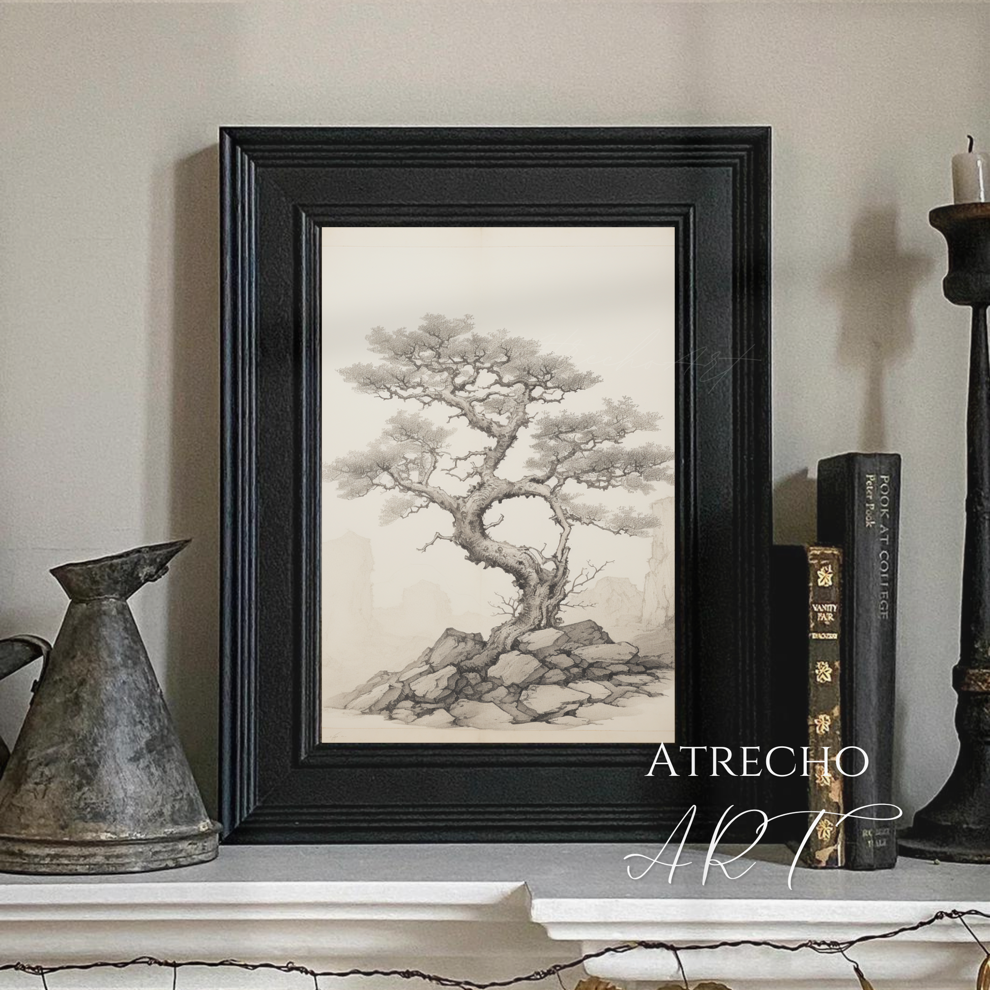 Framed arbutus tree print styled in a neutral reading nook with books and candles, vintage natural-history mood, by Atrecho Art