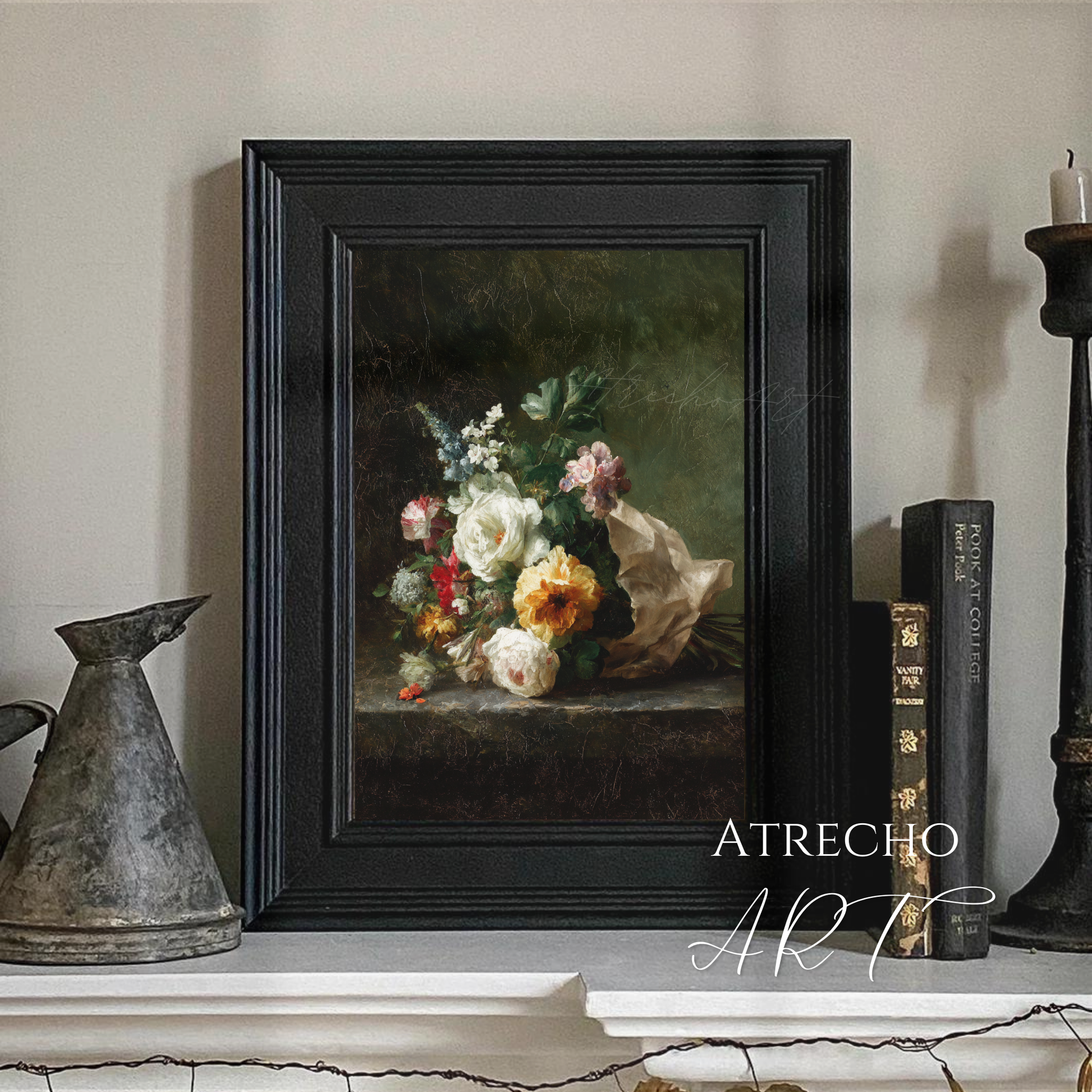 Vintage floral art print featuring dark romantic roses and white flowers against moody background, perfect for European style home decor