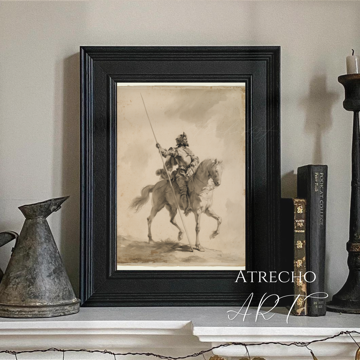 Don Quixote print styled in a warm study with books and candlelight, wistful Old Master mood by Atrecho Art