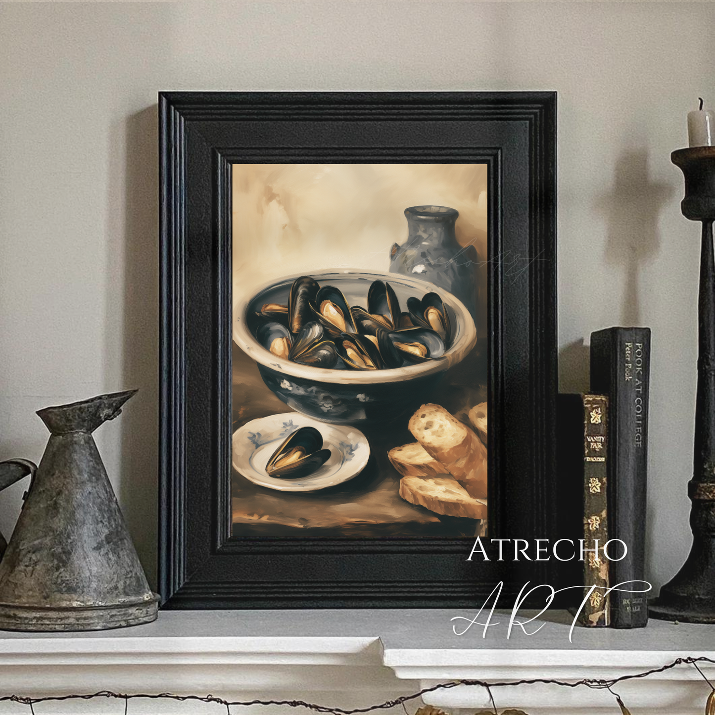 Framed mussels print styled in a rustic kitchen with warm light and blue ceramics by Atrecho Art