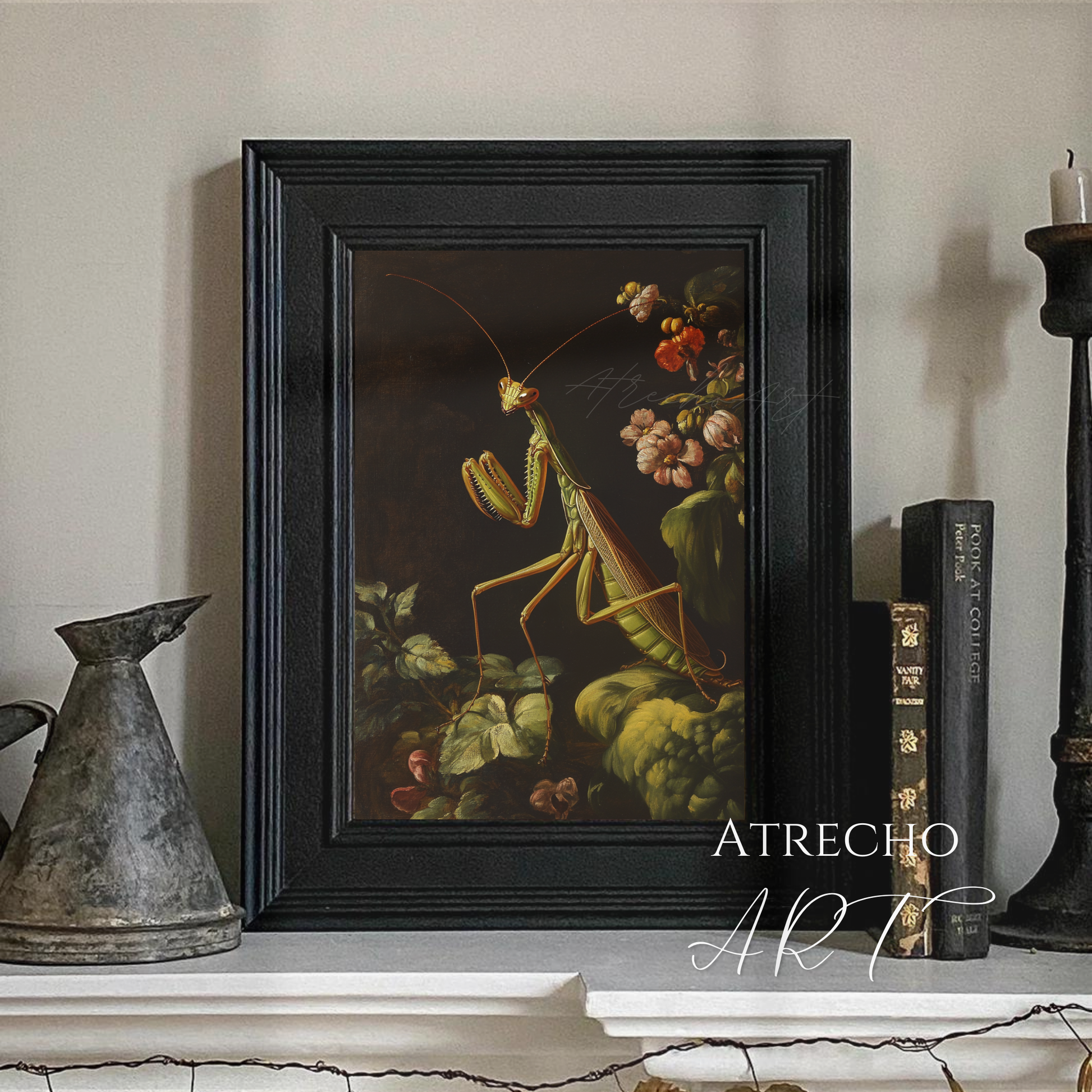 Artistic print of green praying mantis among delicate flowers and foliage in dark botanical style"