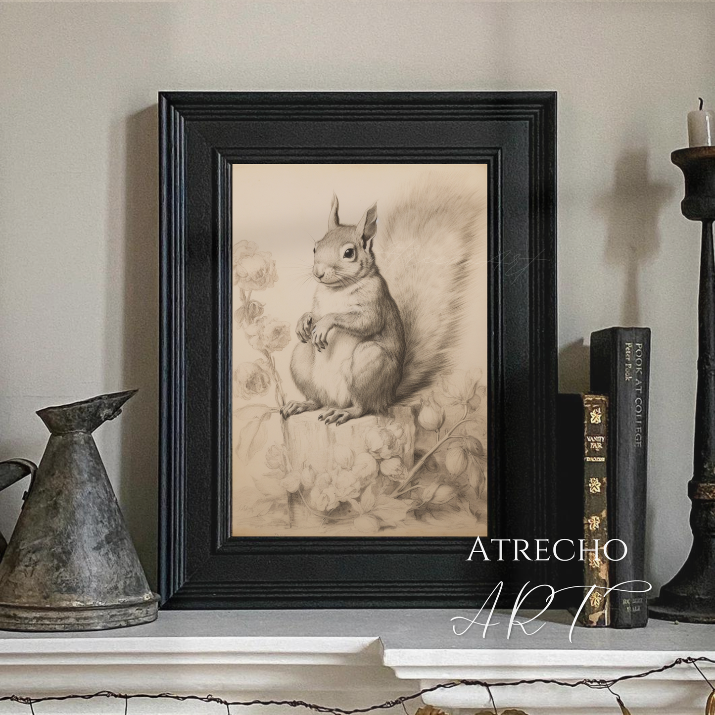 Vintage squirrel drawing styled in a warm reading nook with books, Old World study decor, by Atrecho Art