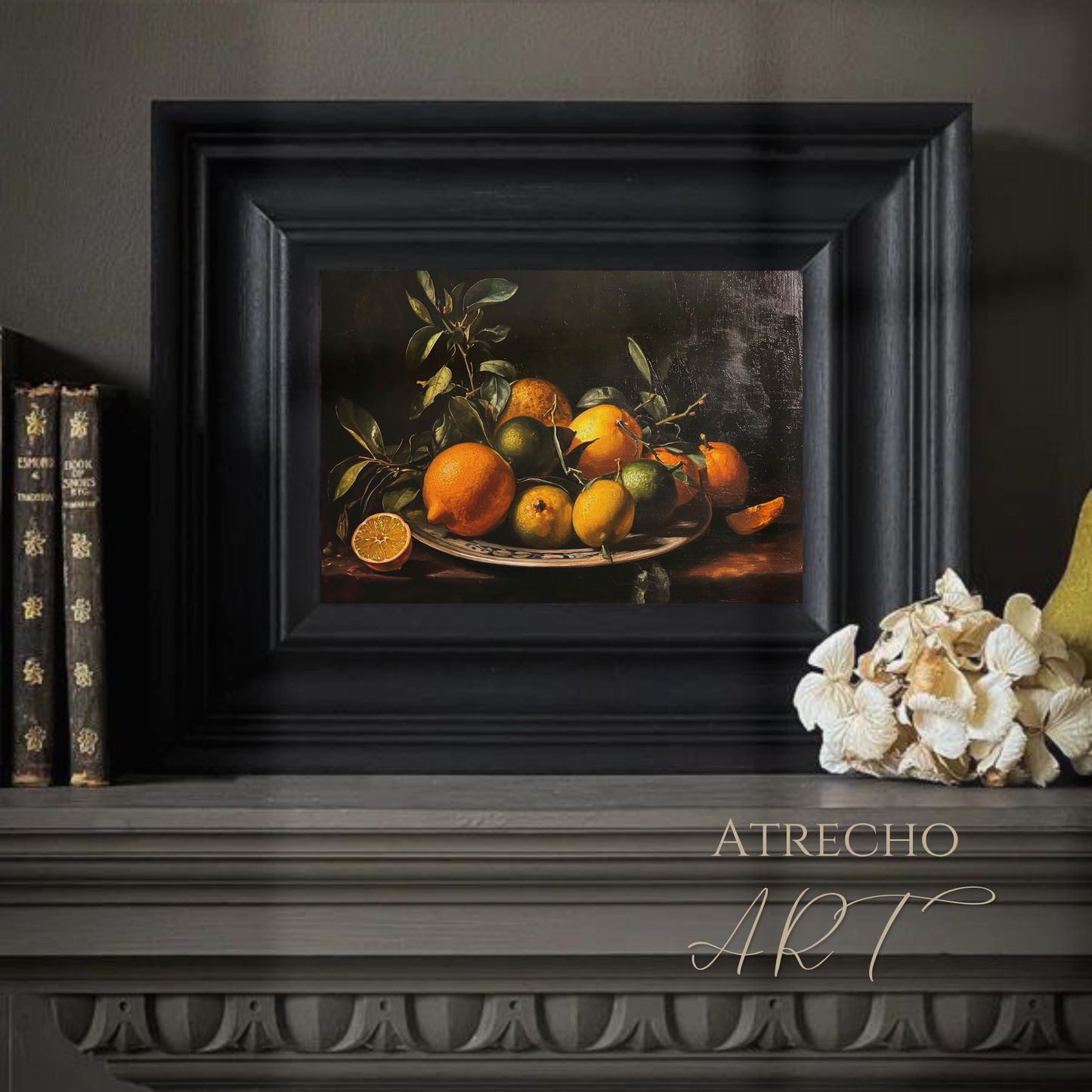 Spanish citrus art print featuring Valencian oranges, lemons and limes on pewter platter with green leaves in classical Baroque still life style against dark background