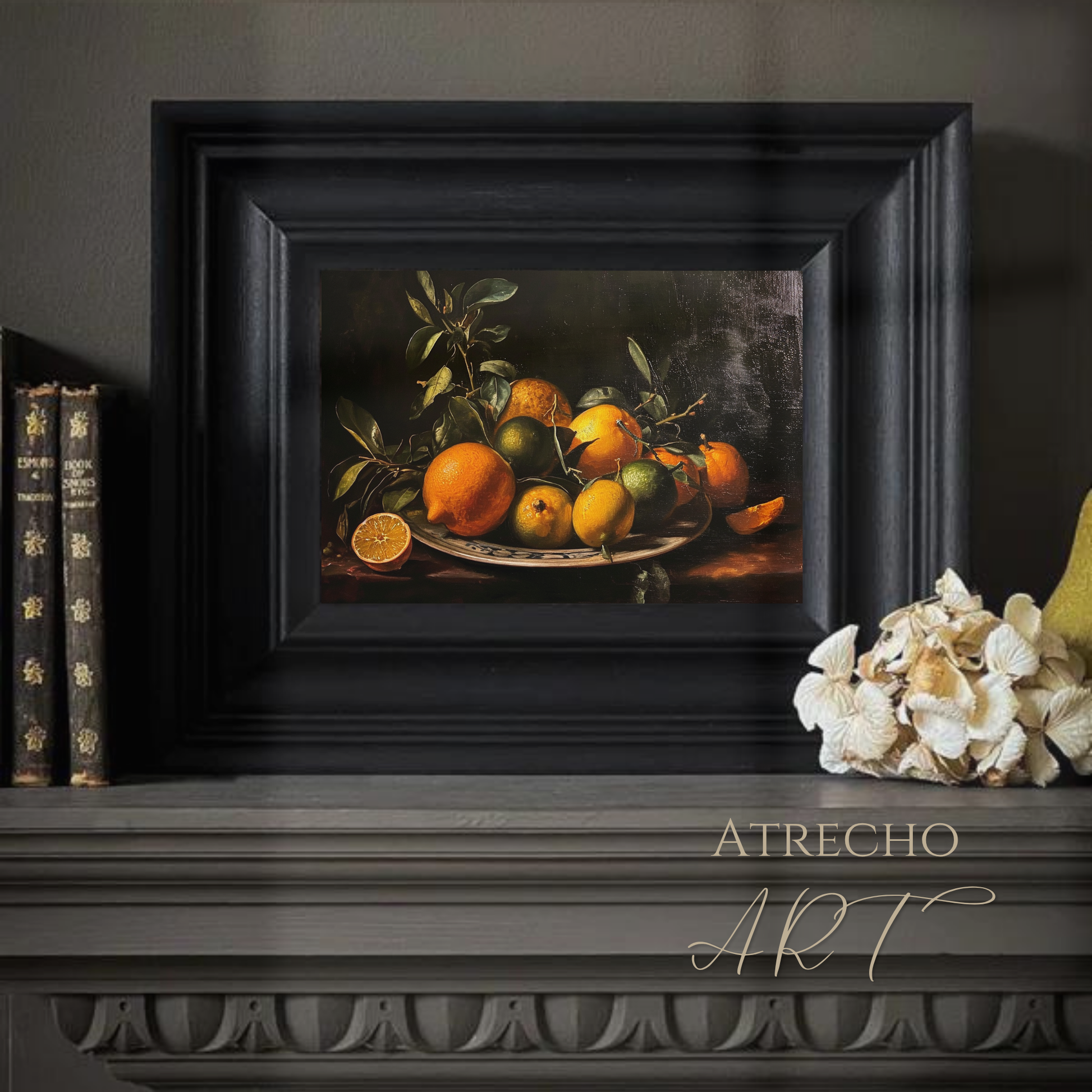 Spanish citrus art print featuring Valencian oranges, lemons and limes on pewter platter with green leaves in classical Baroque still life style against dark background