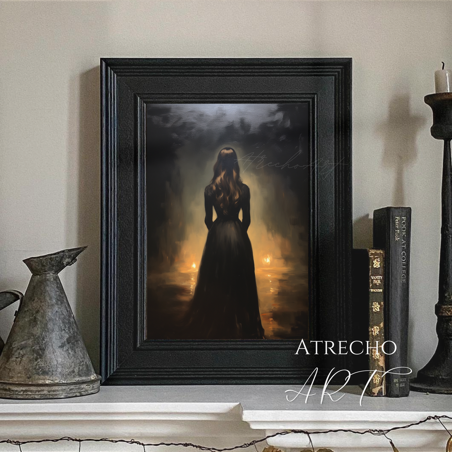 Gothic dark academia art print in black frame on a dark charcoal wall beside a shelf of antique books
