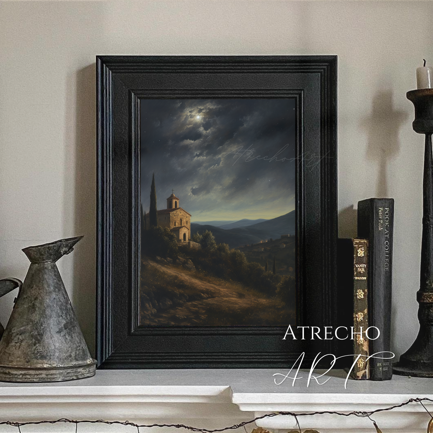 Framed art print of a moody European church on a hill with dark, vintage tones, styled in a cottagecore-inspired room setting or on a mantel
