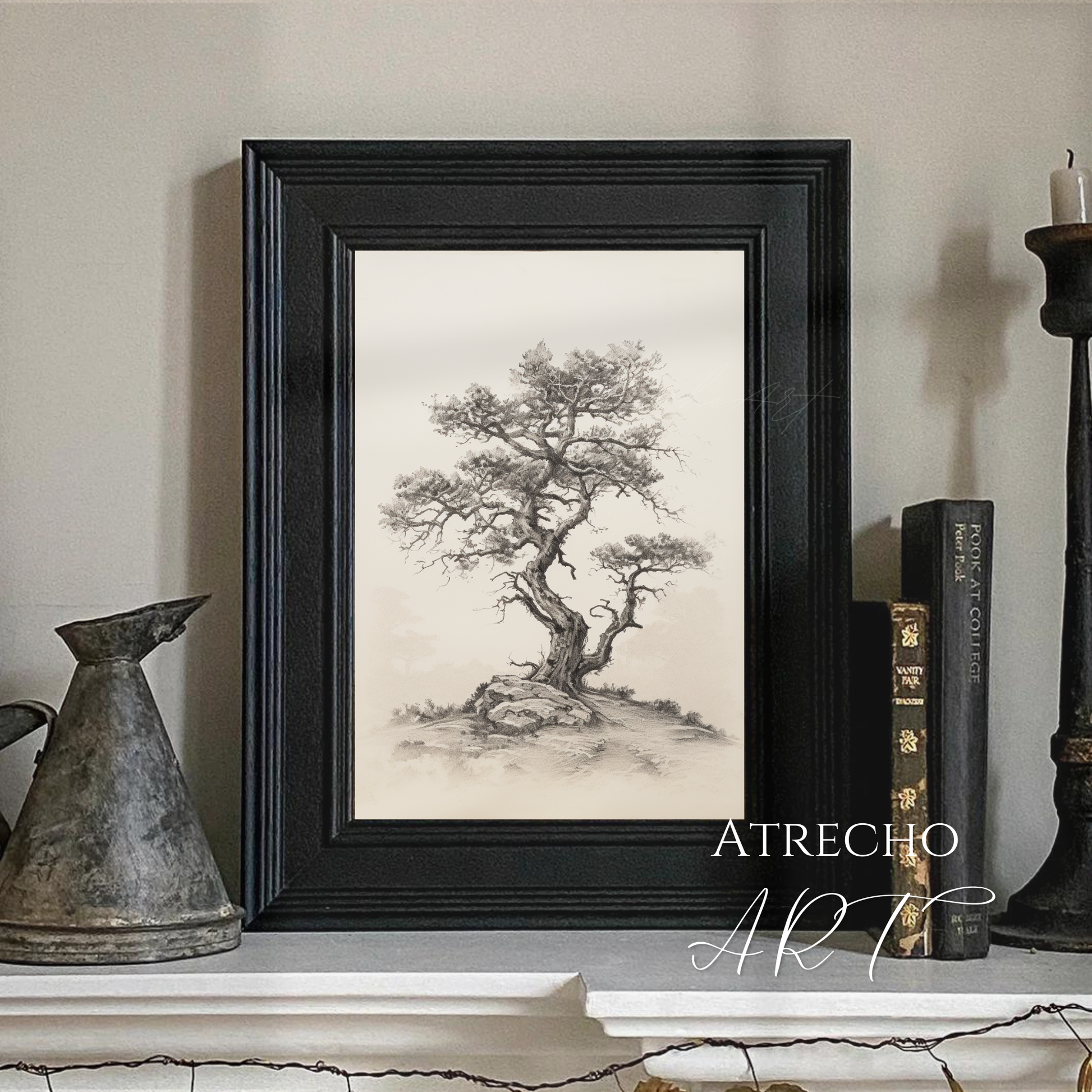 Vintage botanical tree print featuring detailed Algarrobo tree illustration with gnarled branches and delicate foliage, perfect for Mediterranean home decor