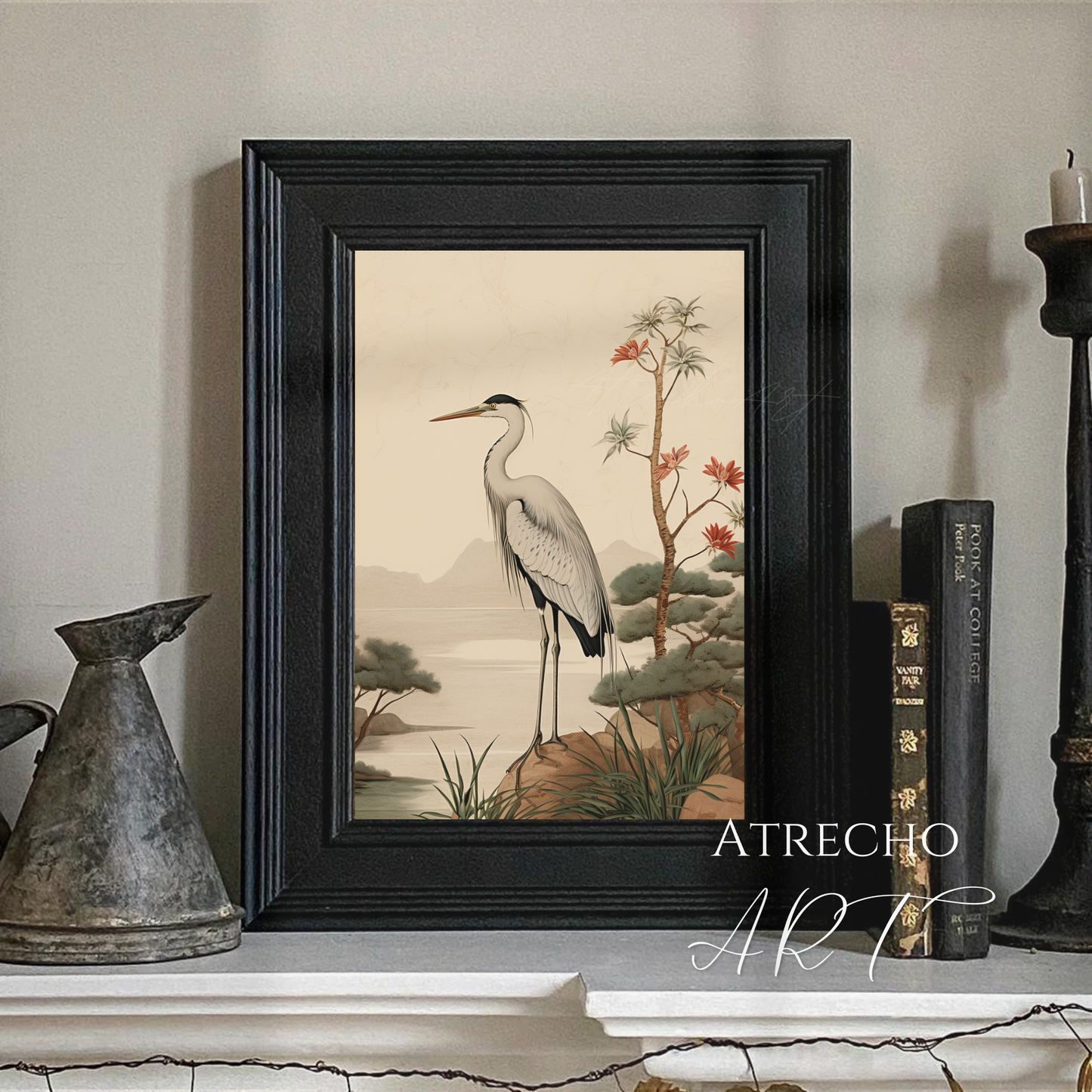 Vintage European-style heron bird illustration with autumn foliage and flowering branches in warm earth tones, perfect for cottage core and Old World Spanish inspired home decor
