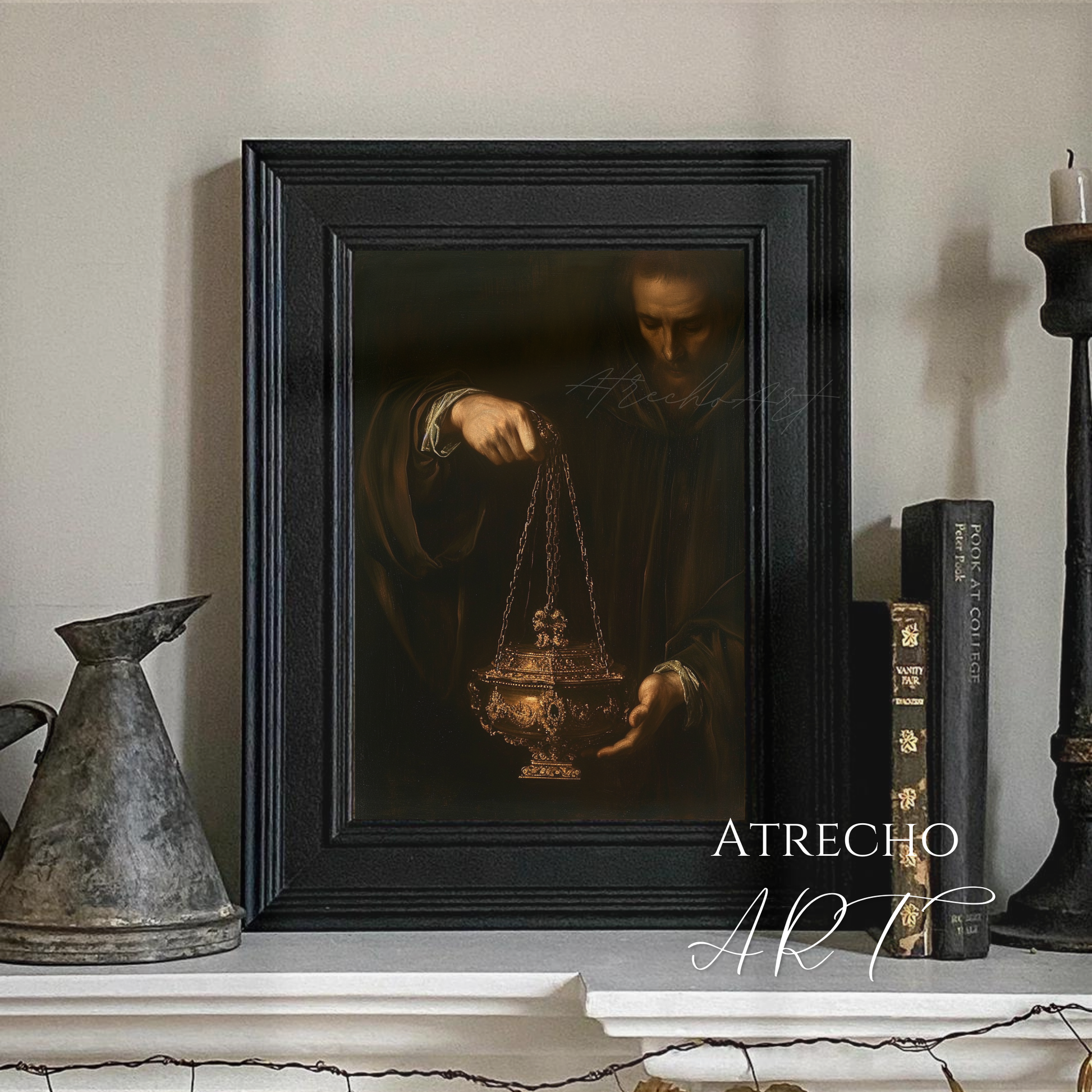 Baroque thurible art print — Spanish Golden Age monk in dark robes holding gilded incense burner by chains, chiaroscuro style, archival matte print by Atrecho Art