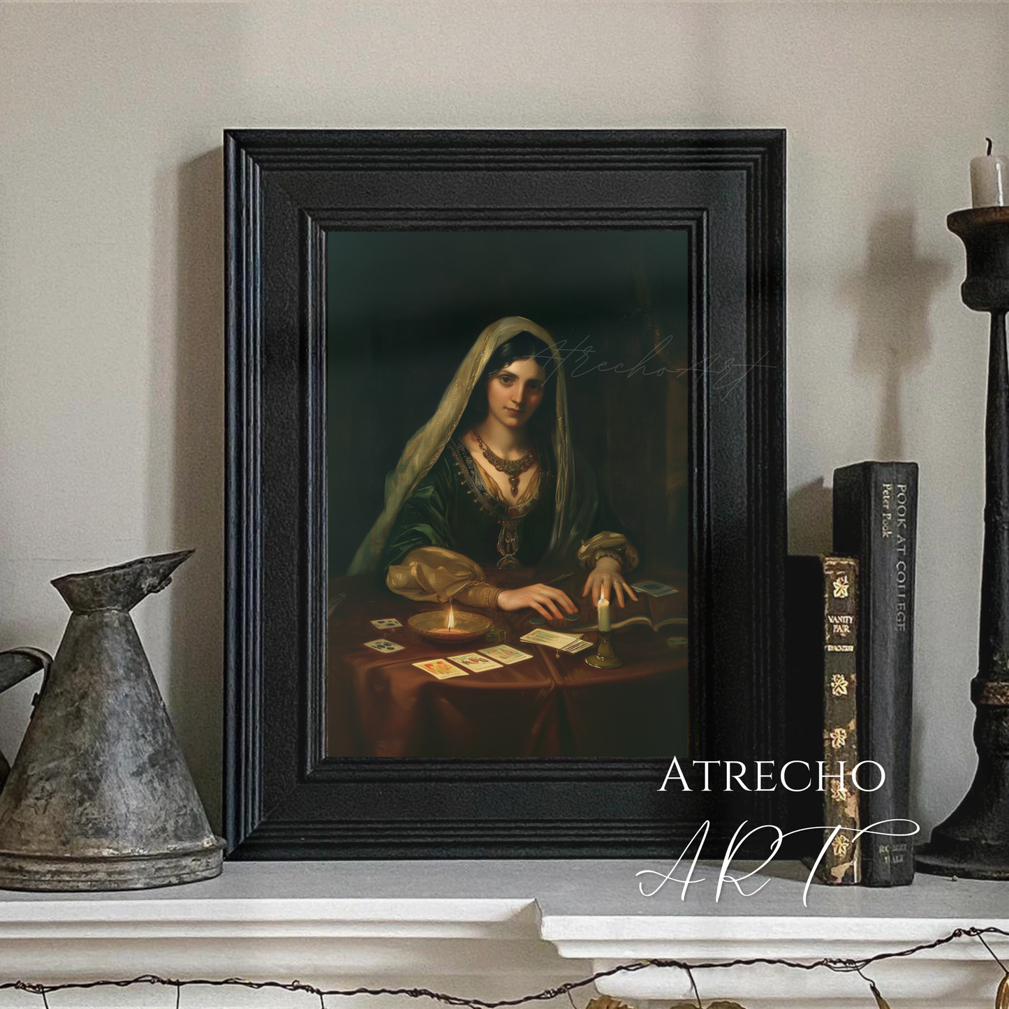 Fortune teller portrait artwork in candlelit baroque style, mystical dark cottagecore wall art for bohemian home decor