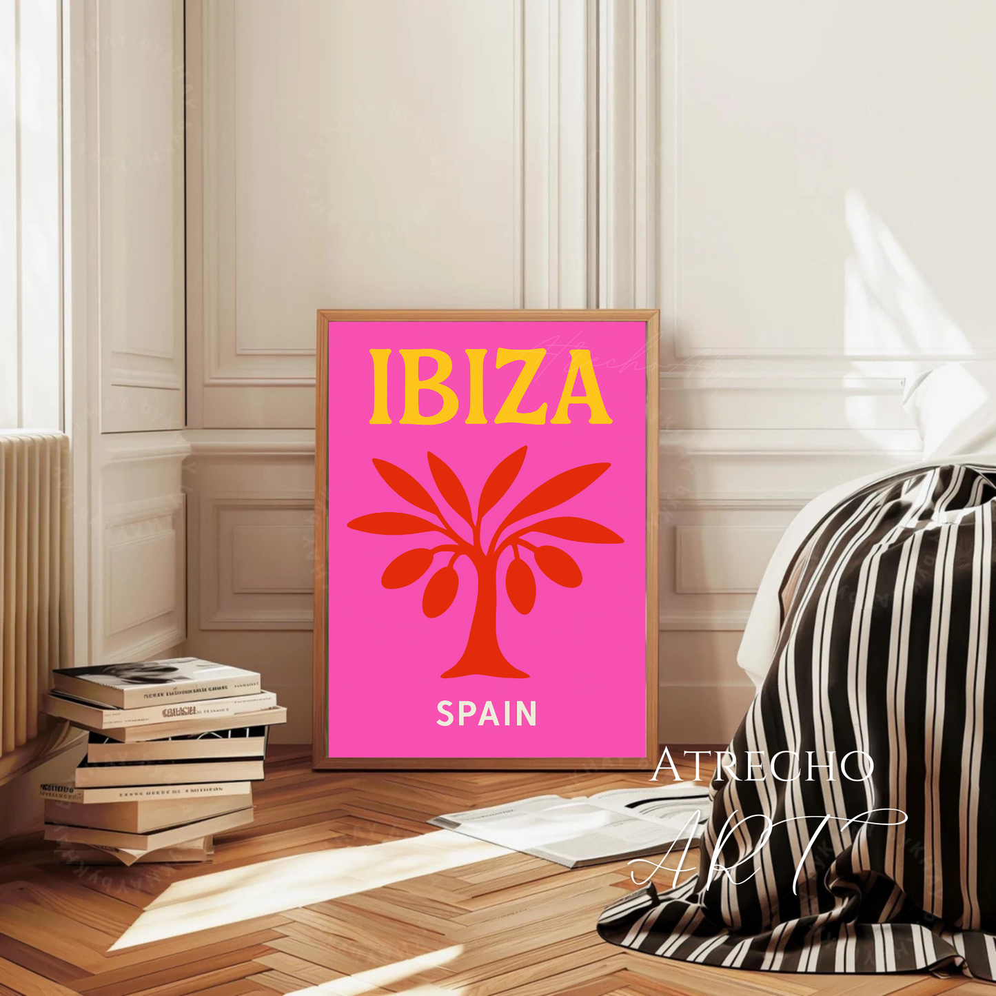 Ibiza Travel Poster | Spanish Island Art | Pink Palm Tree Print | Digital Download | Retro Beach Decor