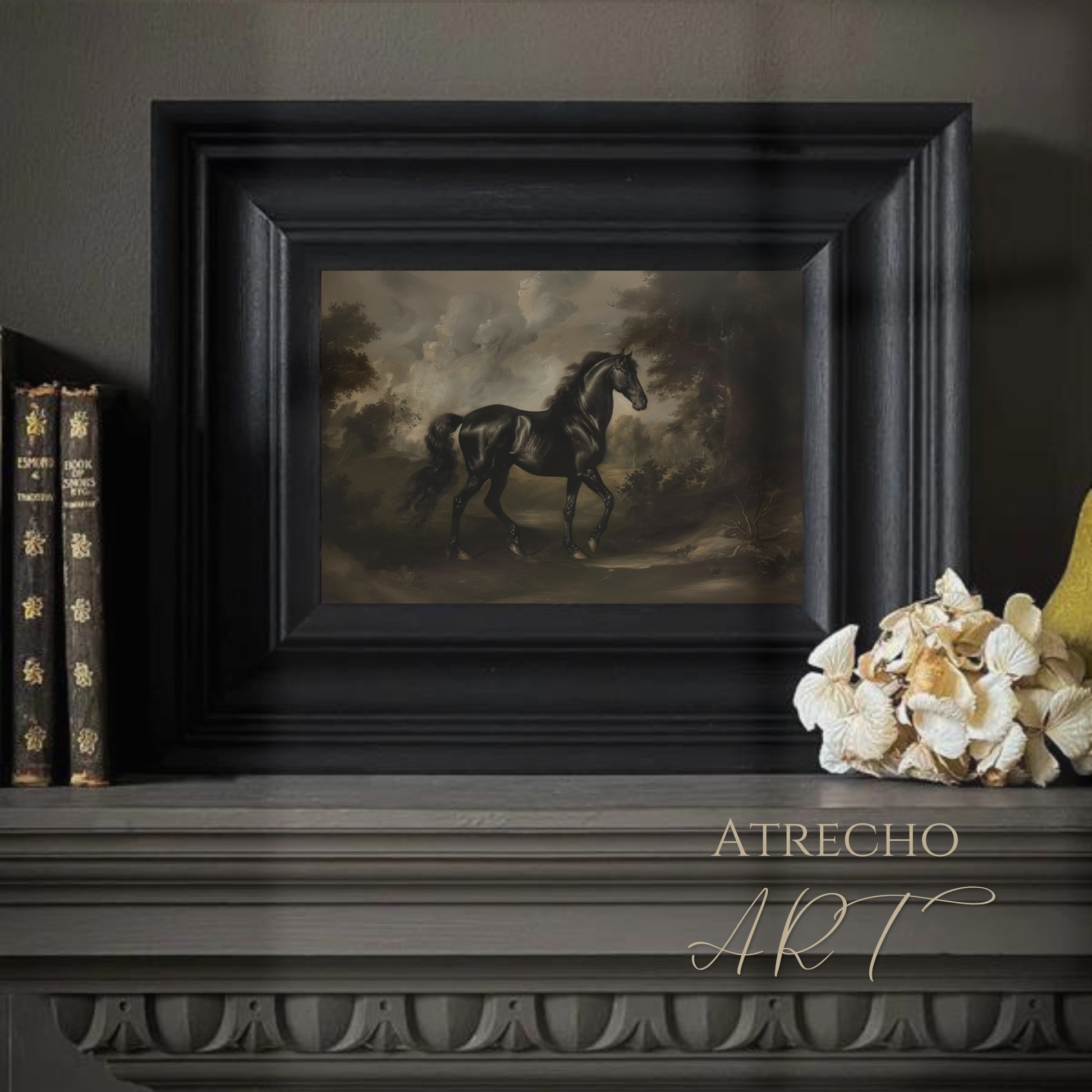 Black horse wall art — vintage Old Master equestrian portrait, dark academia print in gilded frame, moody stallion painting | AN32