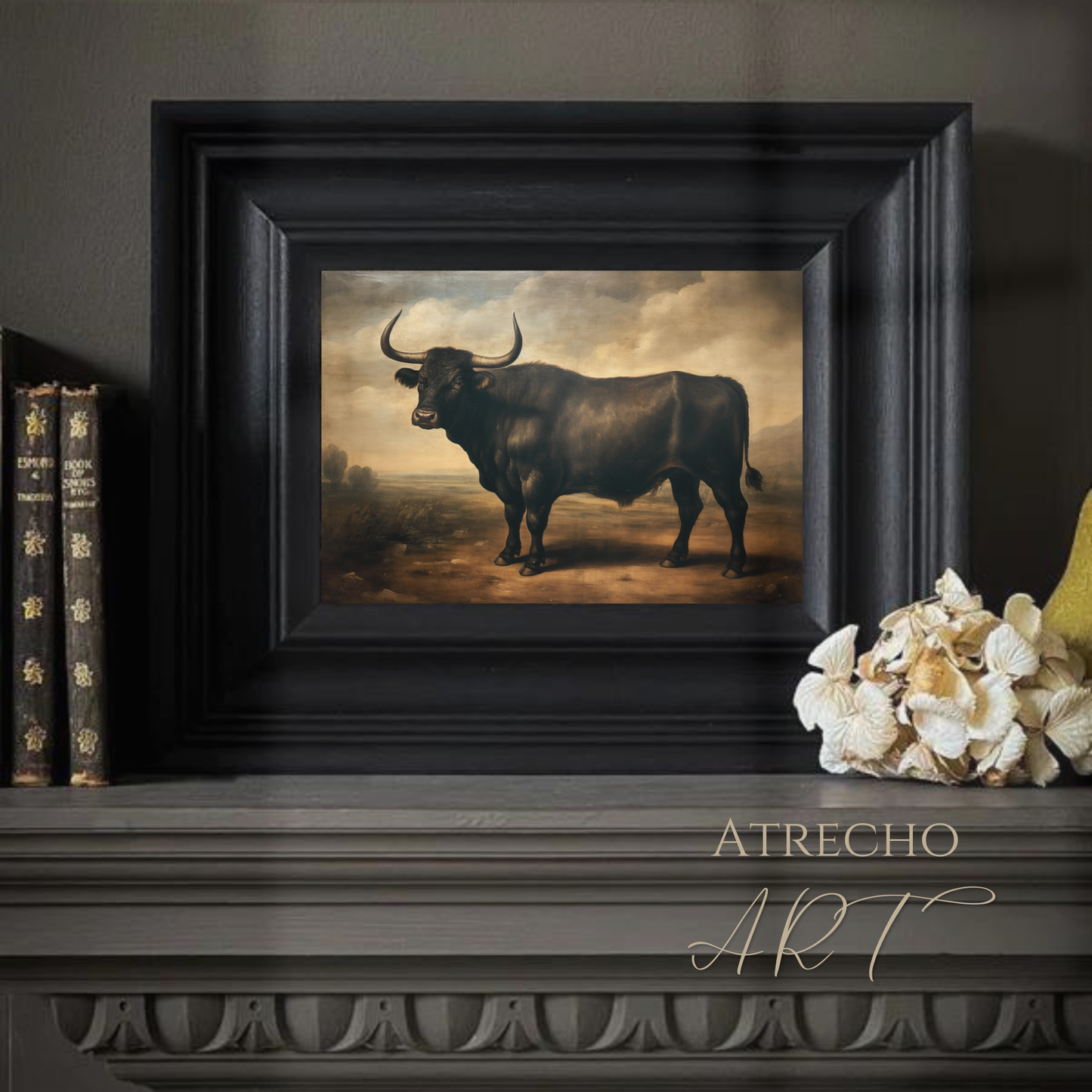 Classical black bull portrait oil painting with dramatic lighting in vintage frame, old world livestock artwork