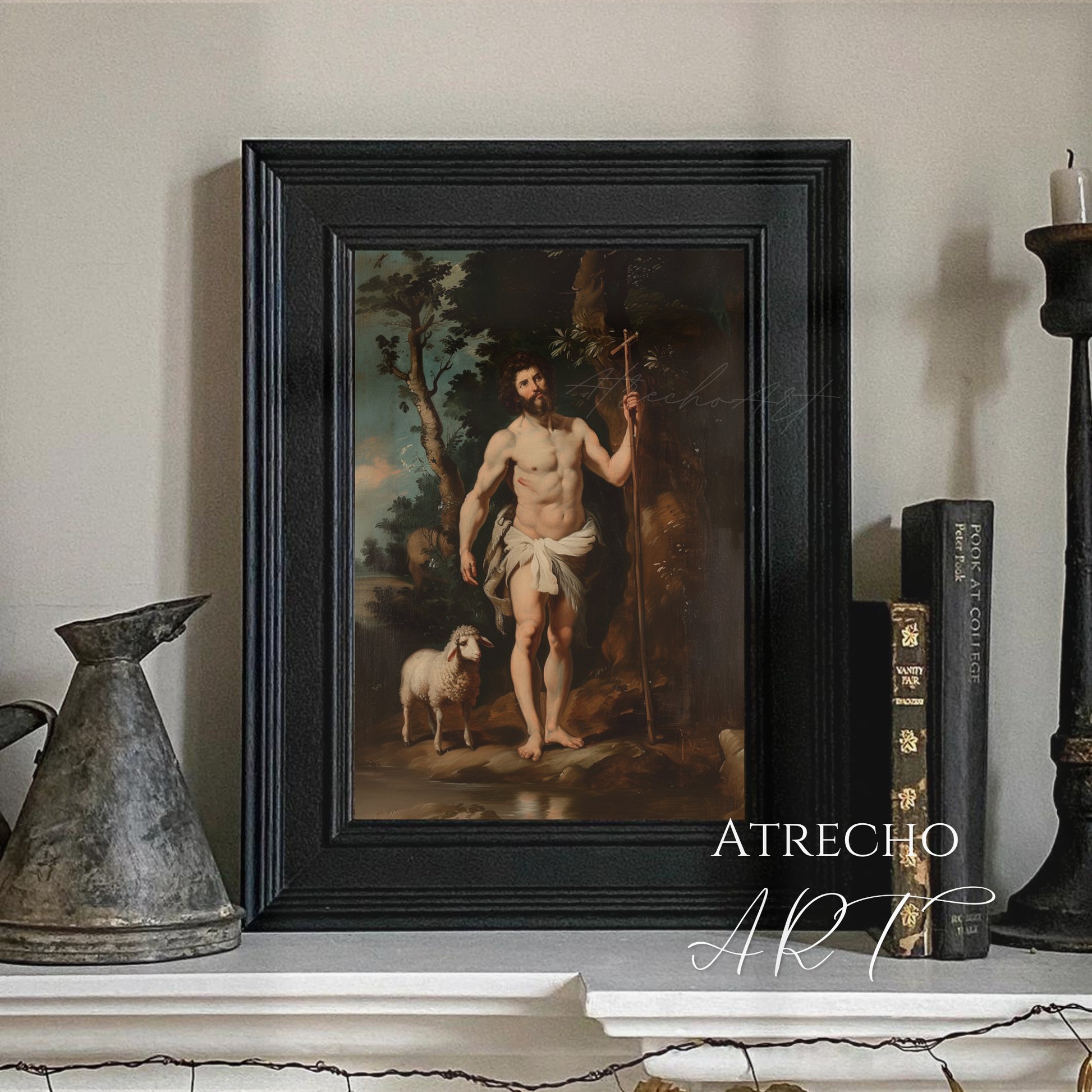 Saint John the Baptist art print in matte black frame — dark academia religious wall art, Spanish Baroque portrait RE09