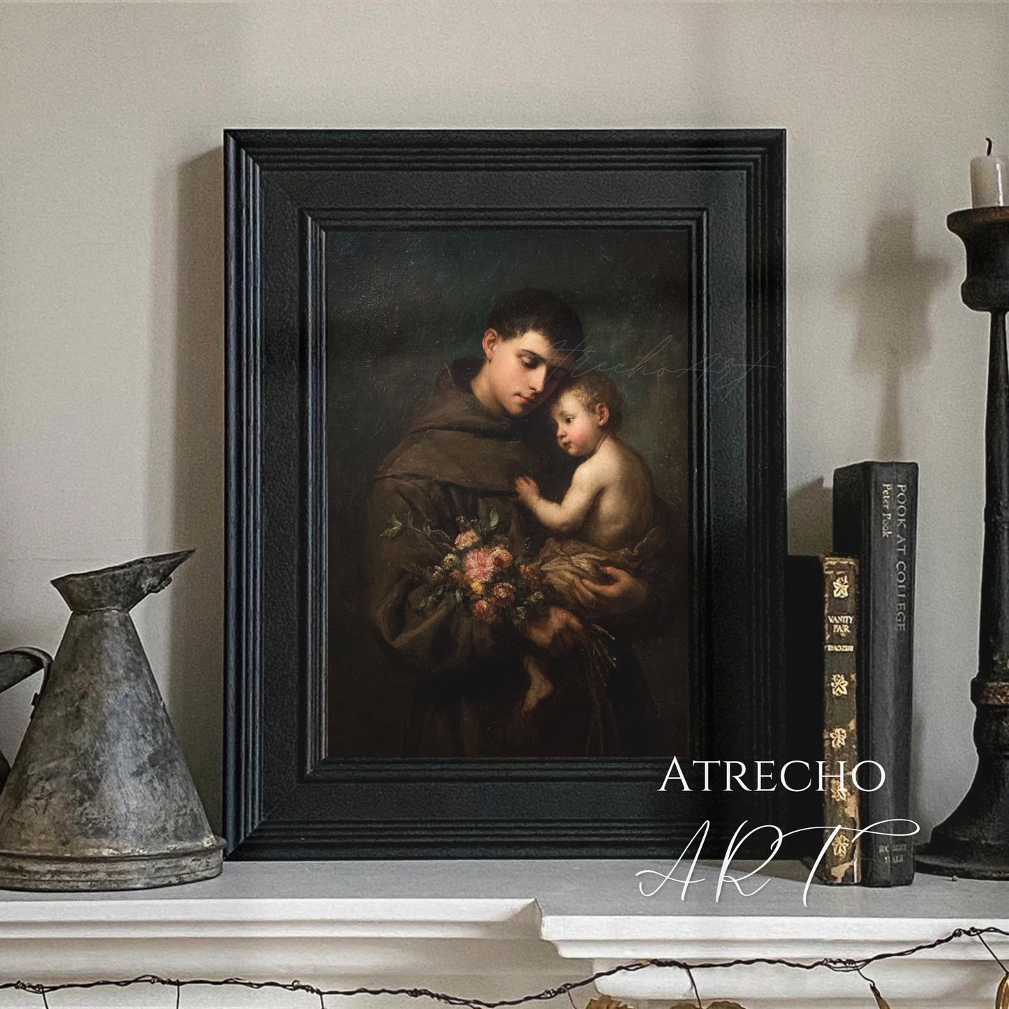 Religious art print in gallery wall display with botanical and architectural prints — Old World Spanish Baroque collection, antique wood frames