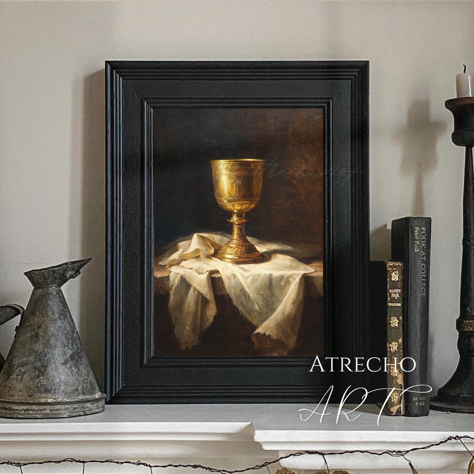 Chalice print in a wood frame styled in a warm dining room with candles and old world decor by Atrecho Art