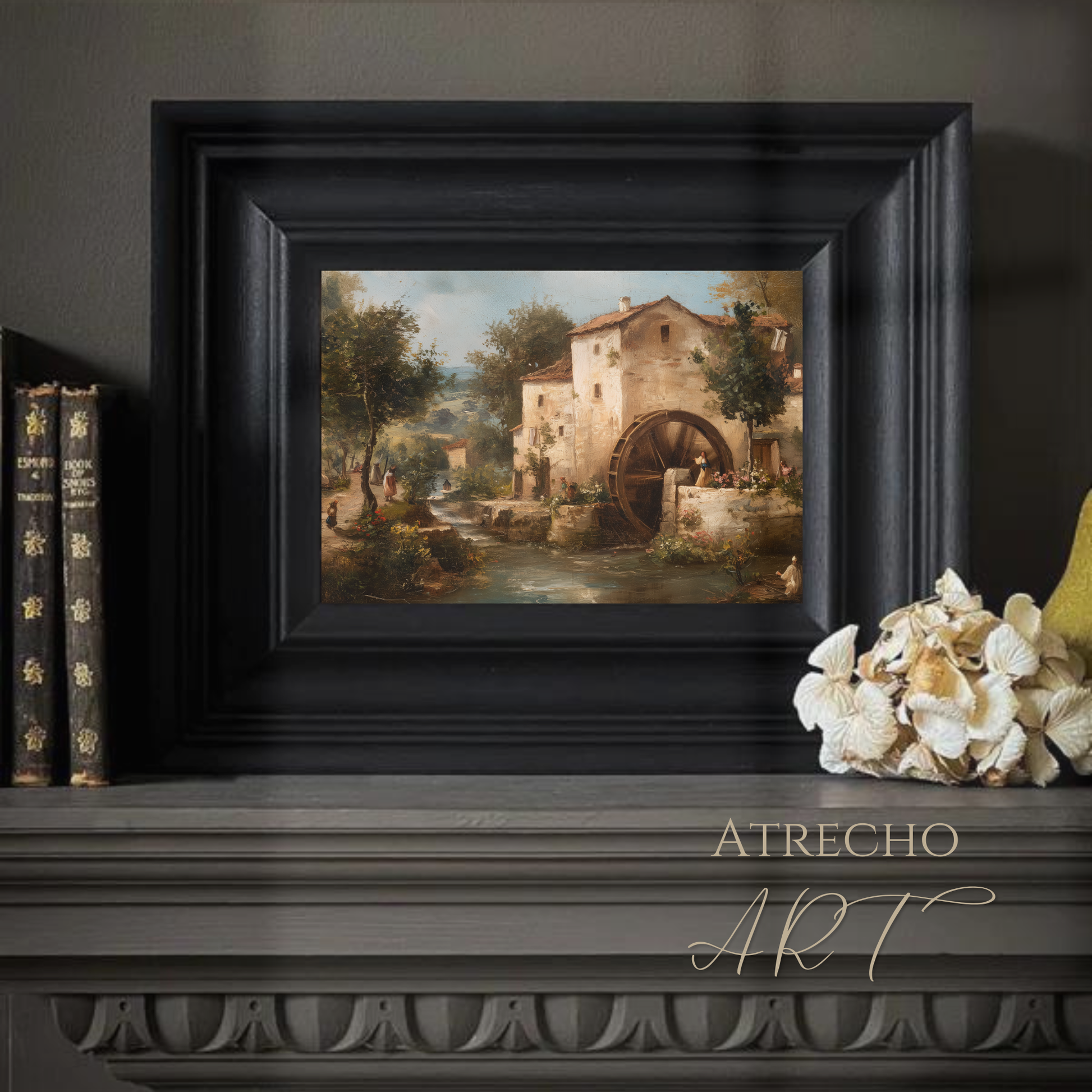 Old mill landscape print displayed above dining table in warm Tuscan-style room with terracotta accents and aged wood furniture