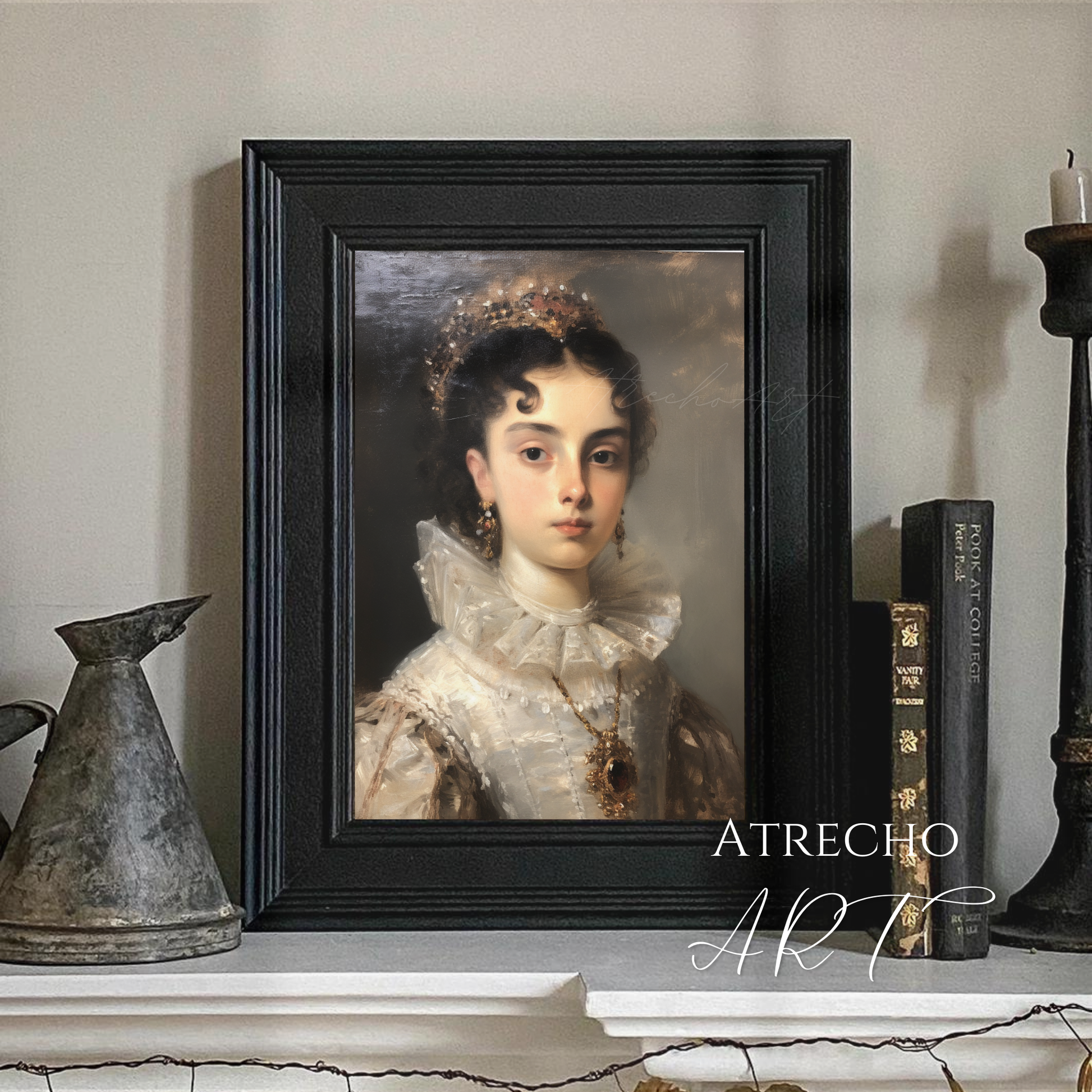 Classical noblewoman portrait with ornate jewelry and white Renaissance collar, museum-quality art print celebrating European heritage