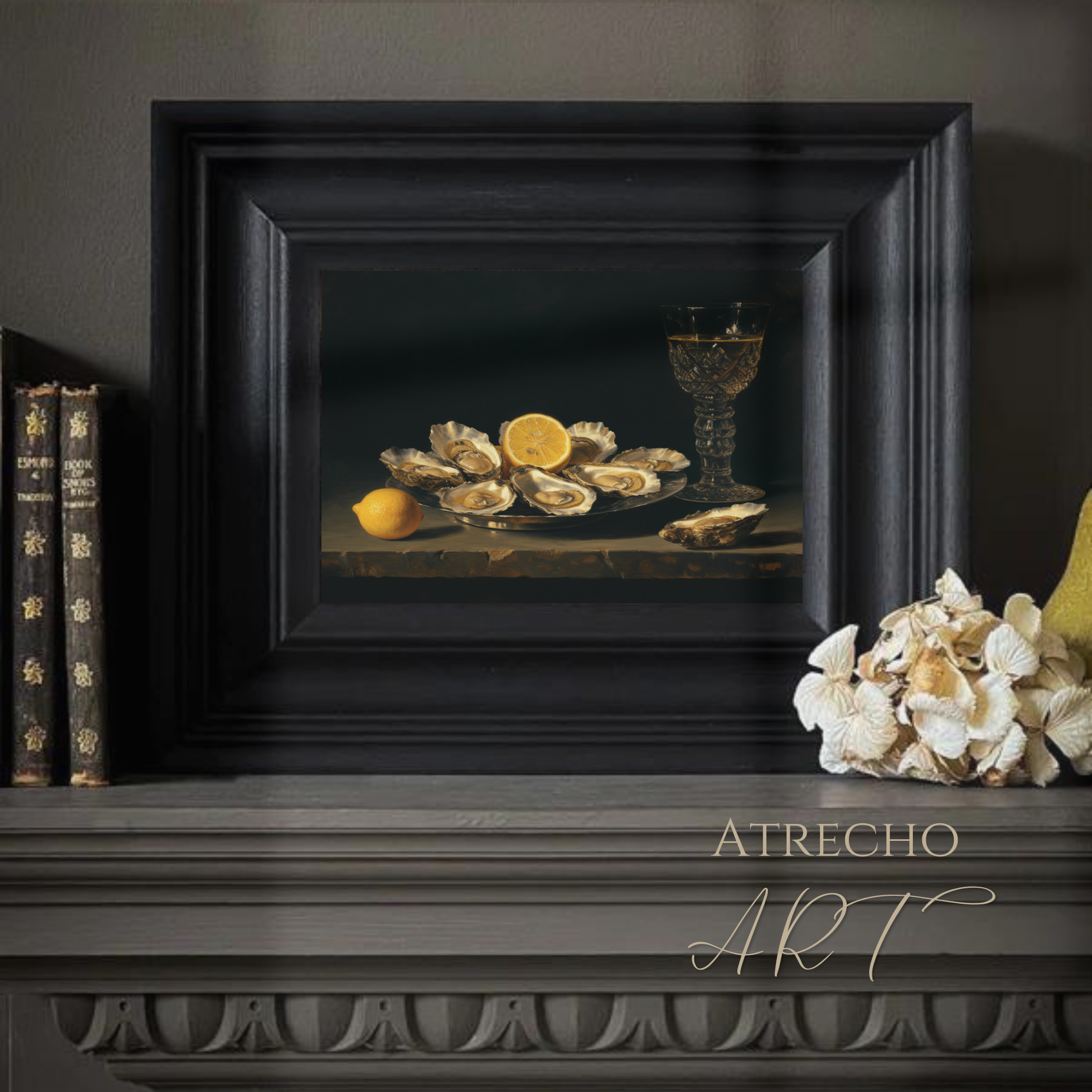 Oysters art print above dark wood dining sideboard with candles — Spanish Baroque still life in moody dining room
