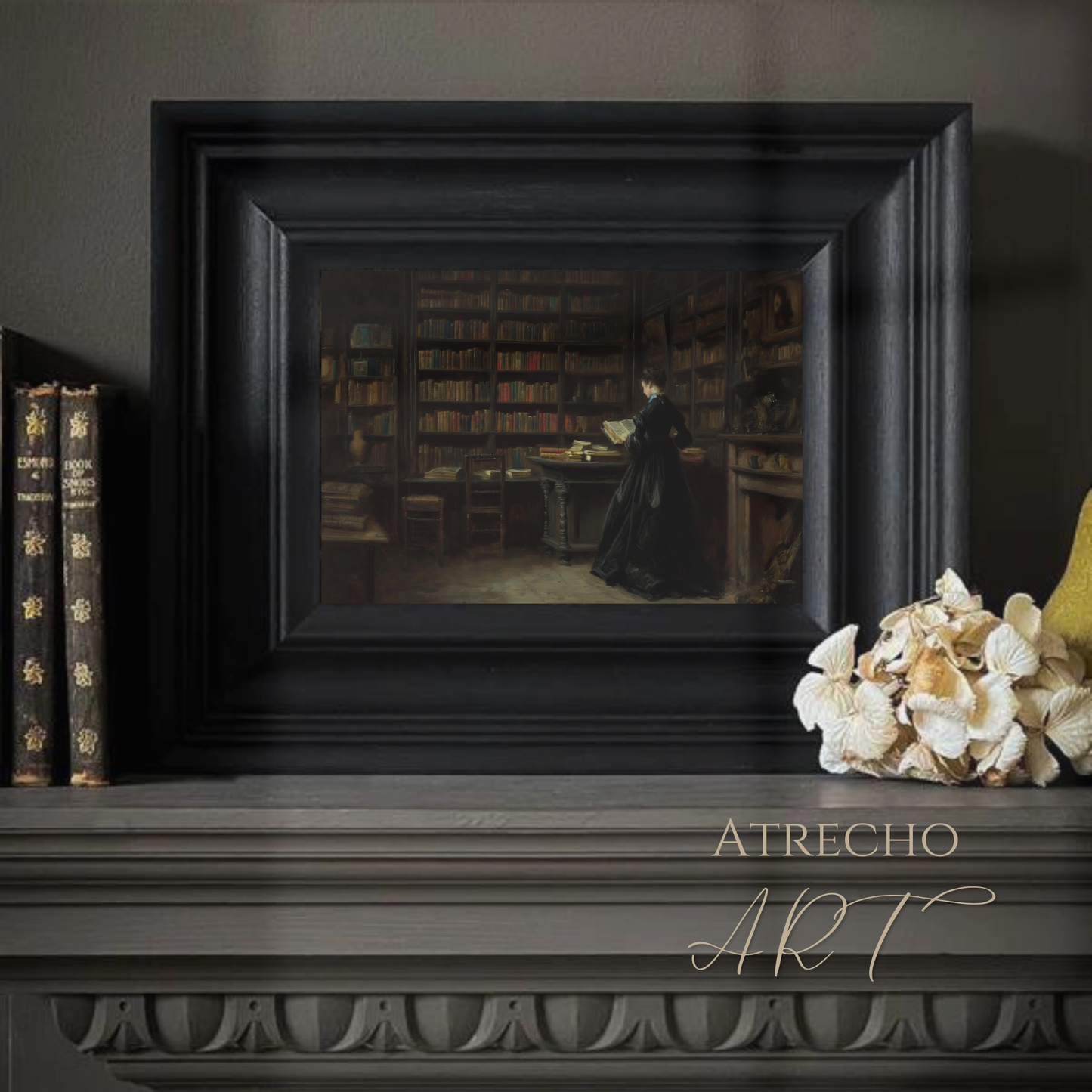 Dark academia library print of Victorian woman reading among floor-to-ceiling bookshelves, archival quality 