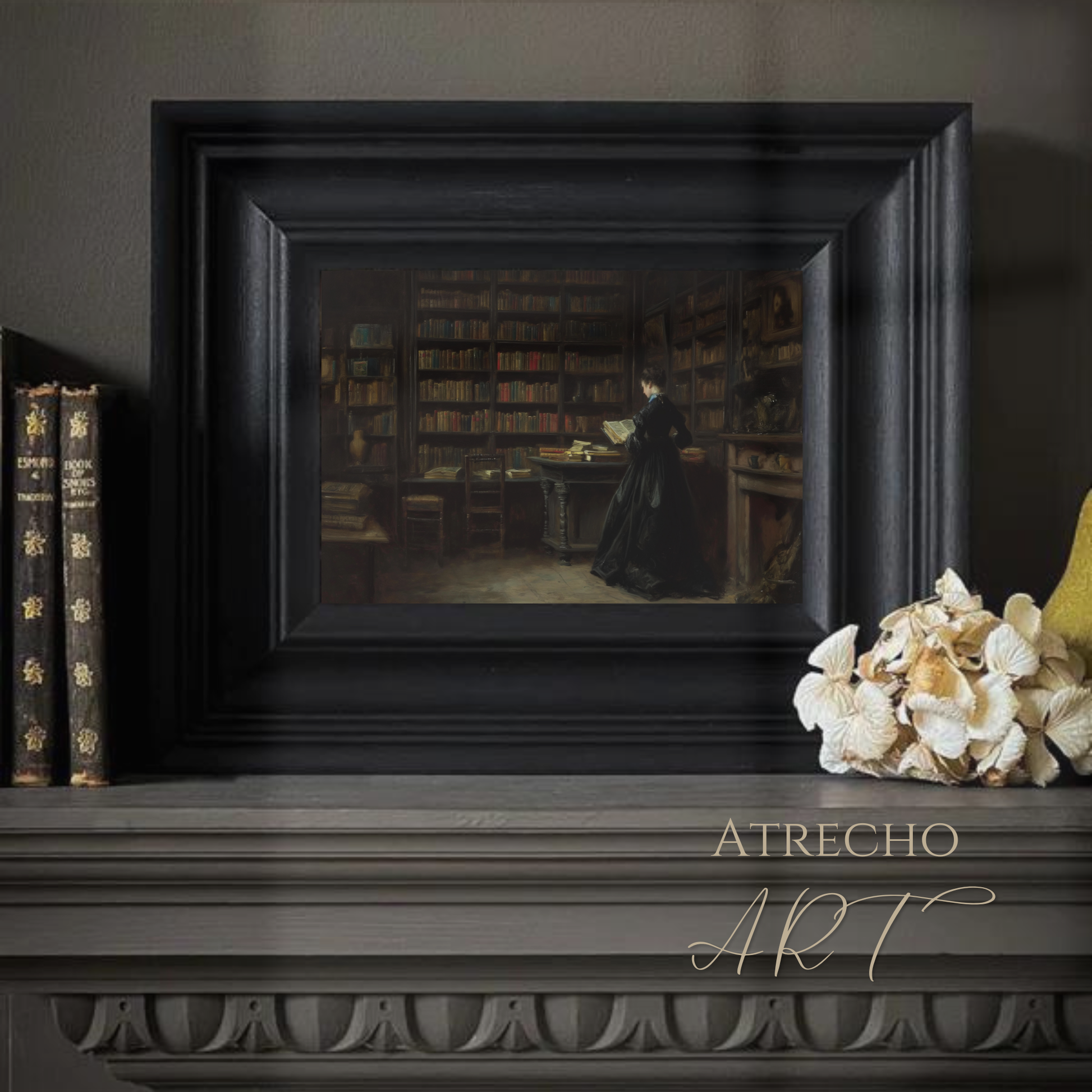 Dark academia library print of Victorian woman reading among floor-to-ceiling bookshelves, archival quality 