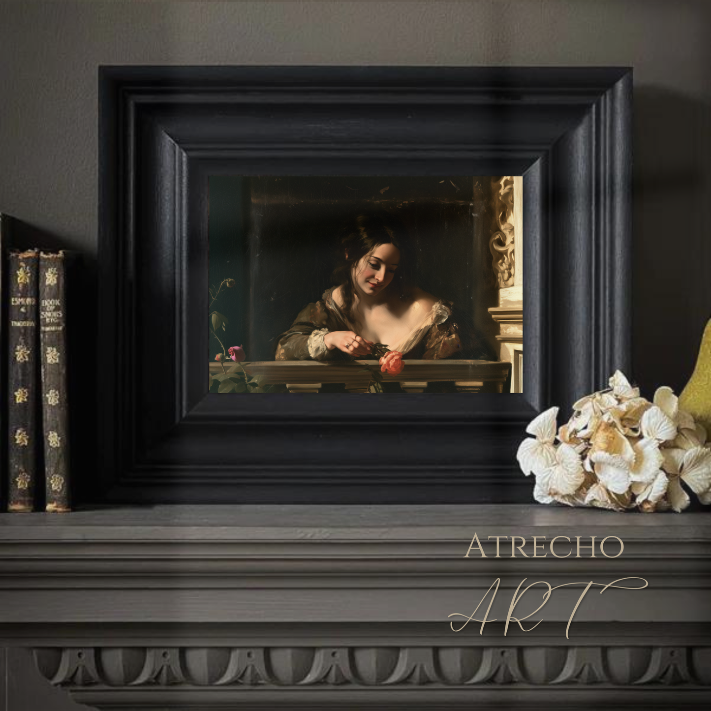 Baroque woman with rose print in a styled room vignette with candle and books, warm romantic decor, by Atrecho Art