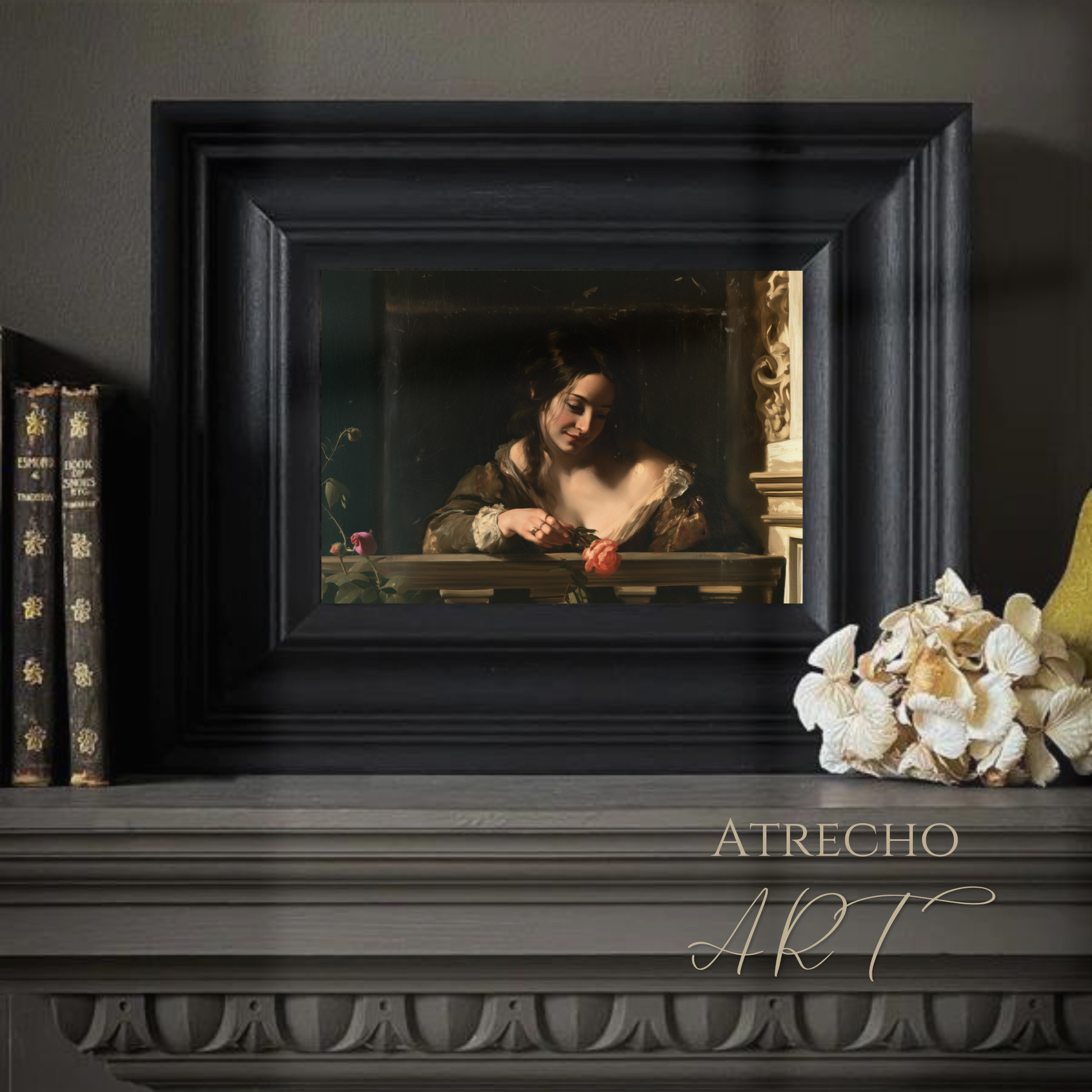 Baroque woman with rose print in a styled room vignette with candle and books, warm romantic decor, by Atrecho Art