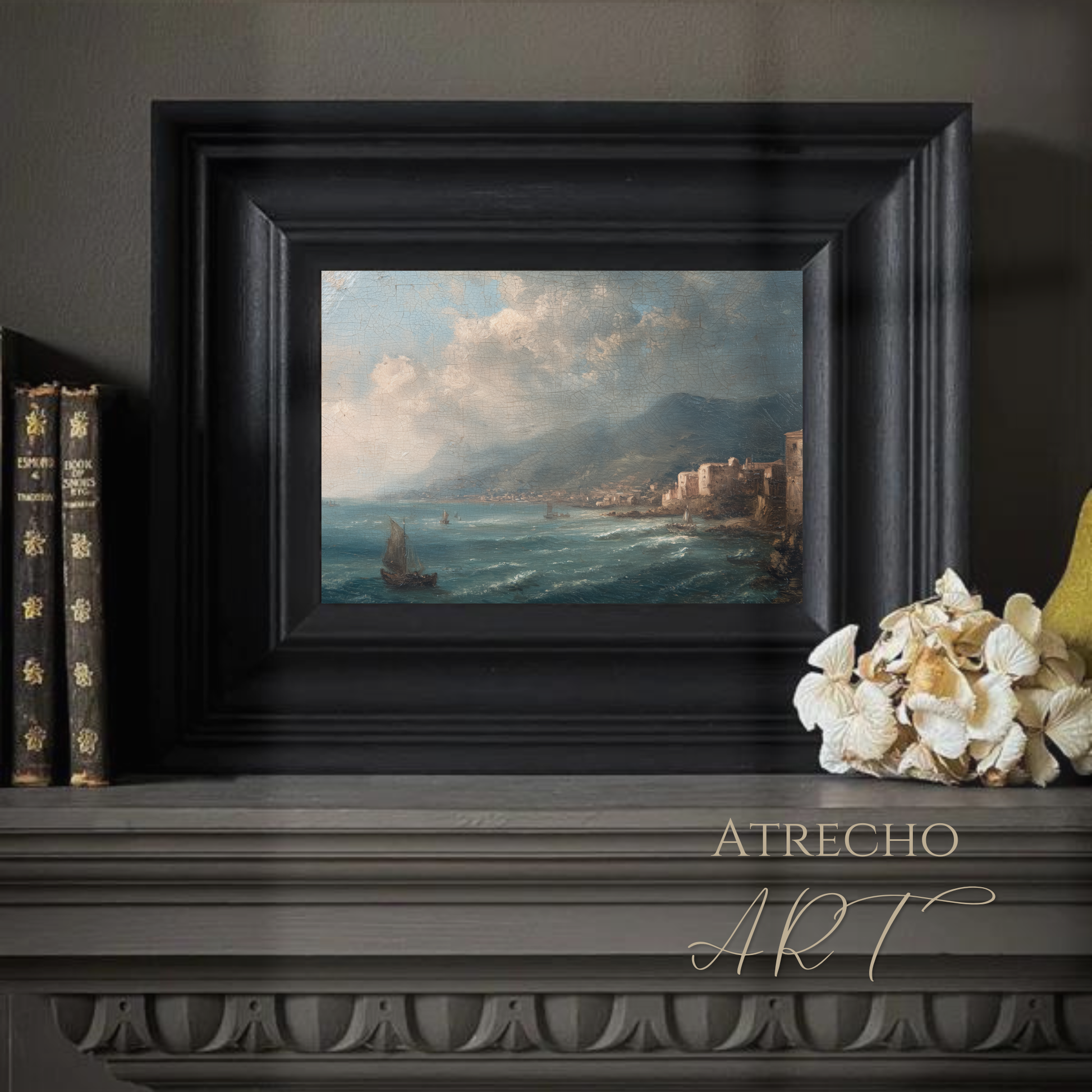 Coastal town art print in a warm study with wood shelving and candles —
Mediterranean harbor scene, vintage nautical home decor