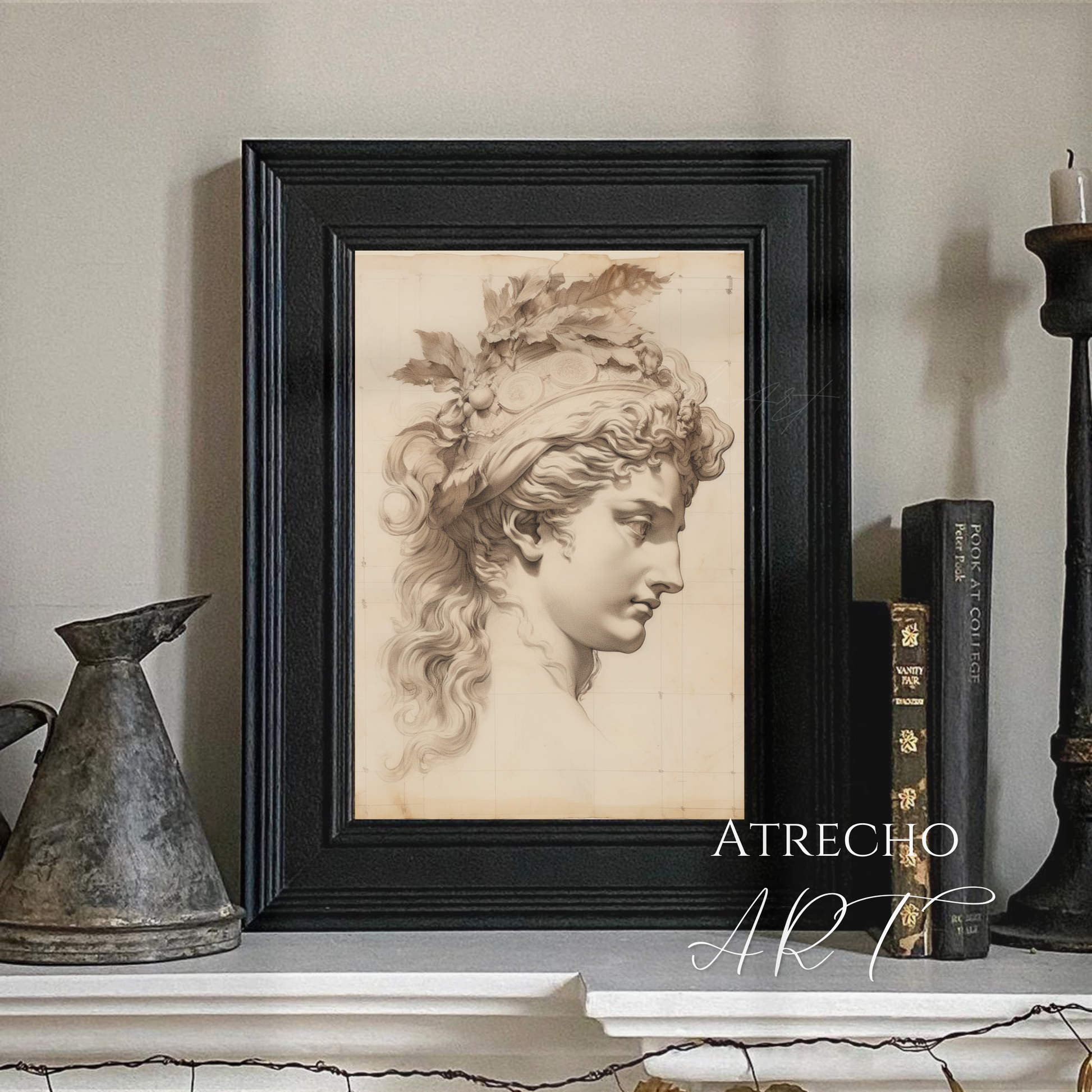 Persephone art print in warm sepia, classical goddess profile sketch with oak-leaf crown on antique parchment PE55