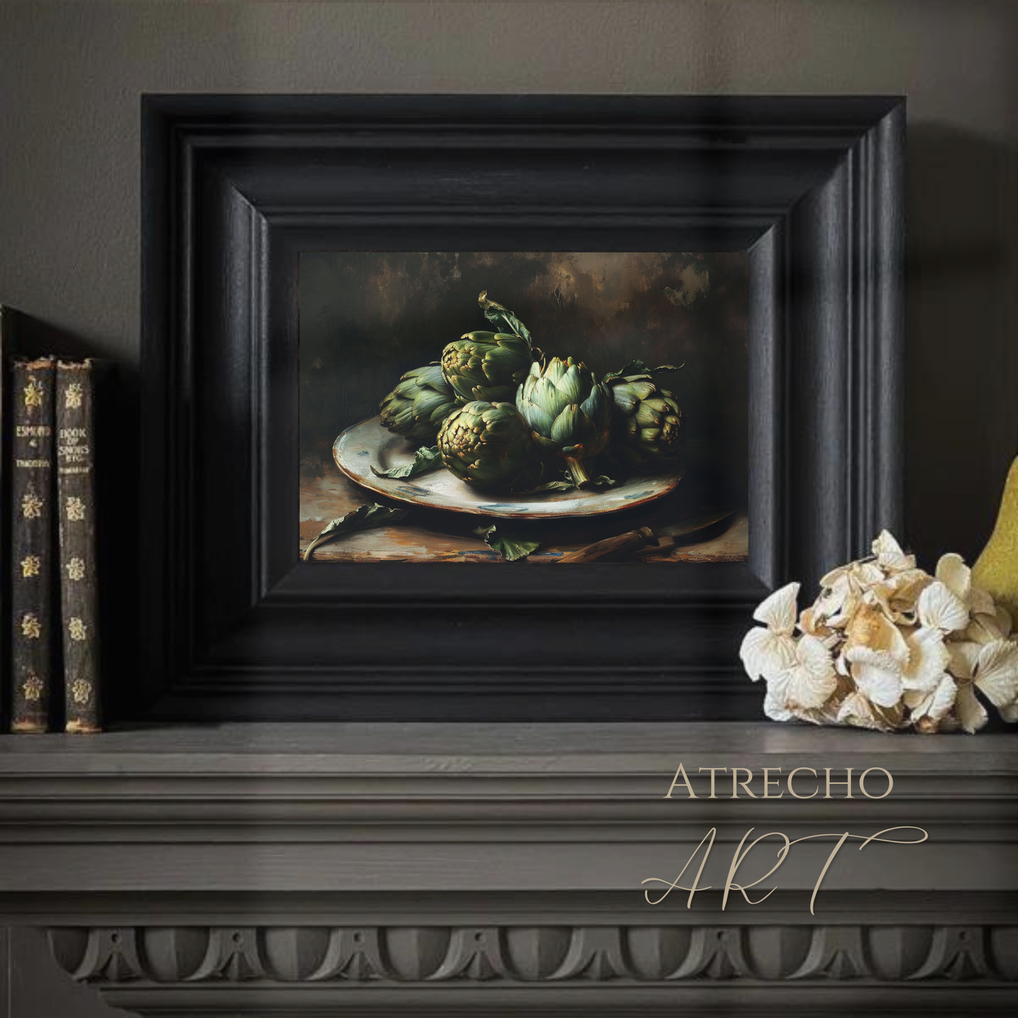 Vintage artichoke still life art print showing fresh green artichokes with one white flower on weathered ceramic plate against dark background